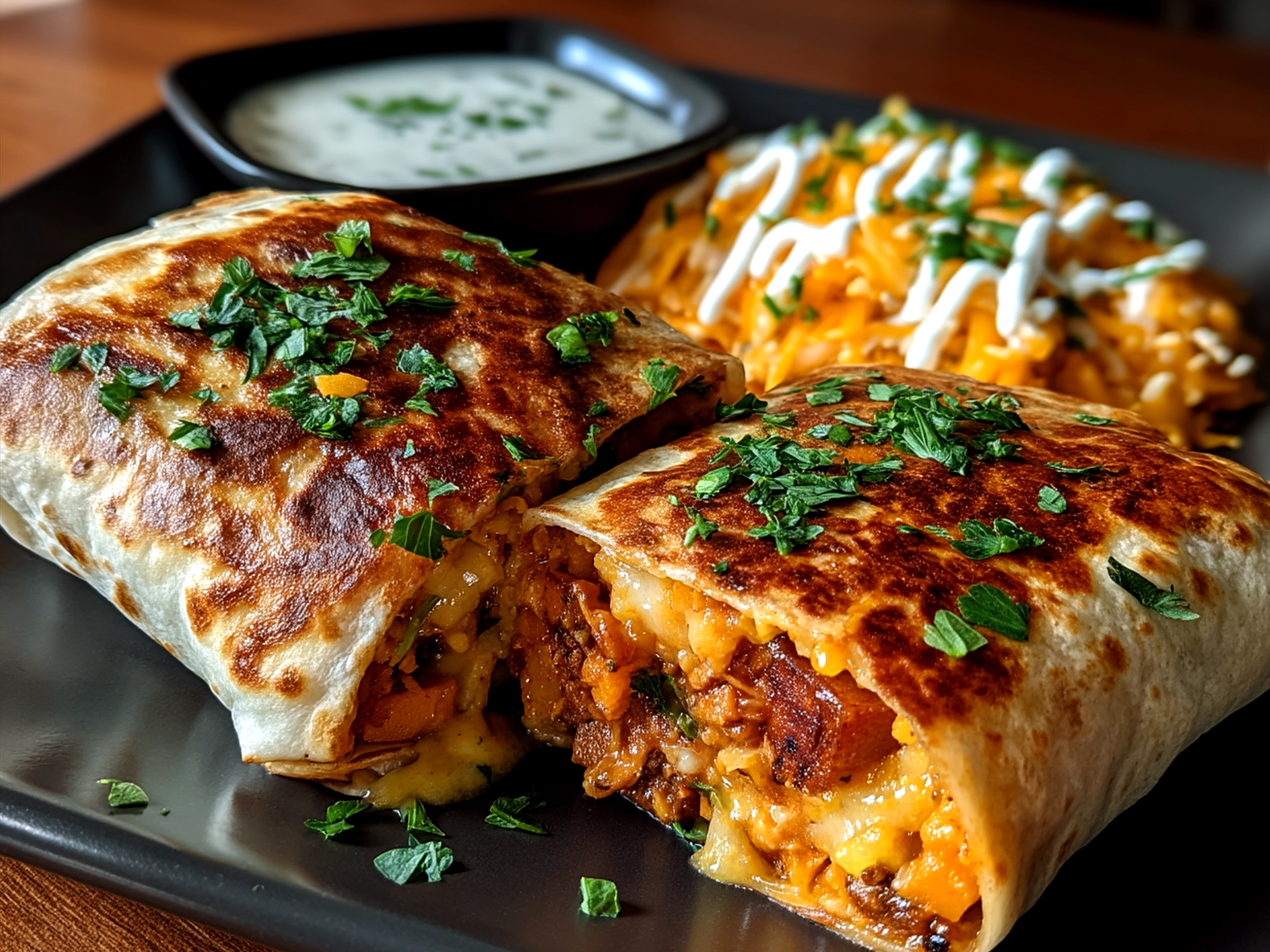 Served Loaded Sweet Potato Burritos garnished with fresh avocado and cilantro