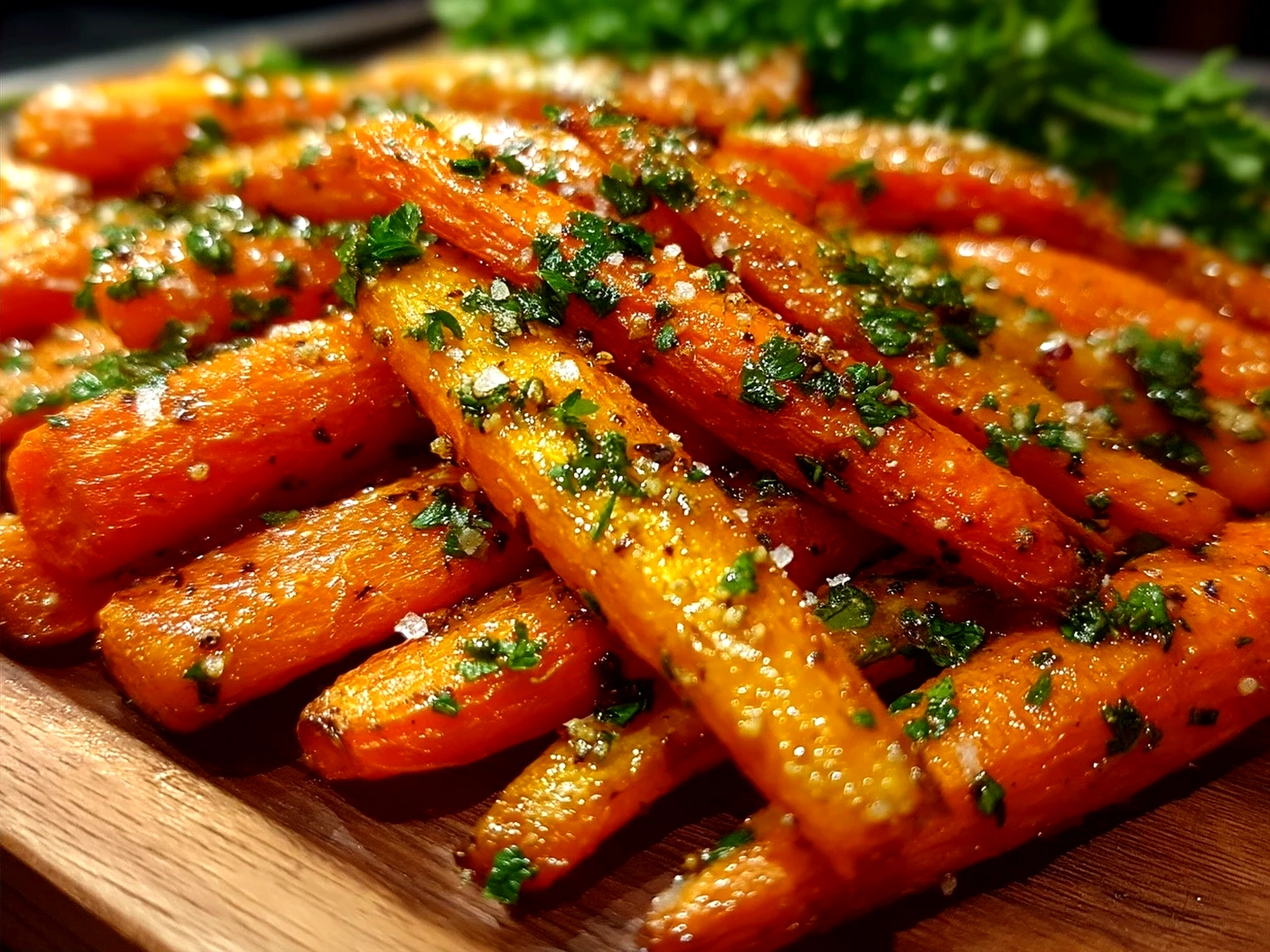 Serving plate of crispy Maple Carrot Fries garnished with fresh parsley