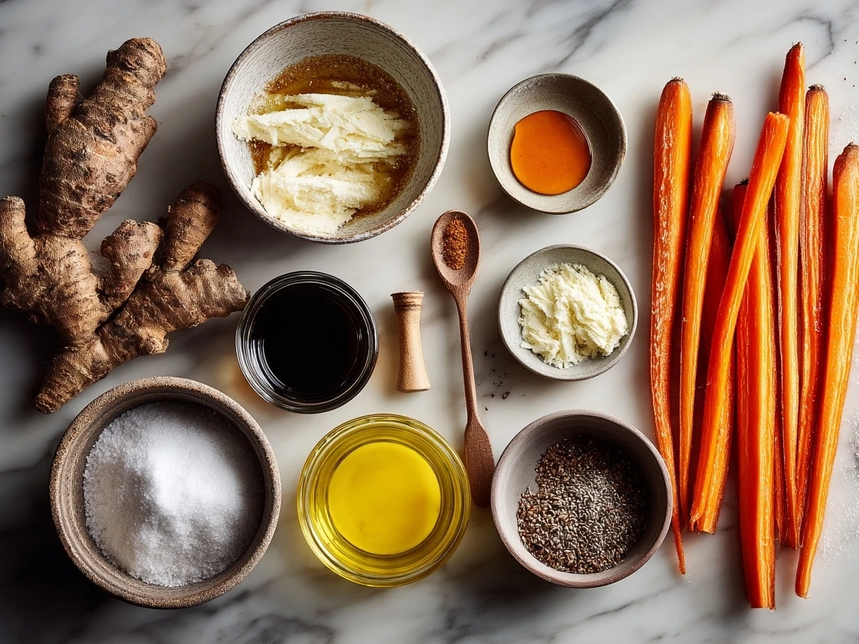 Ingredients for Maple Carrot Fries laid out, including carrots, maple syrup, olive oil, and spices