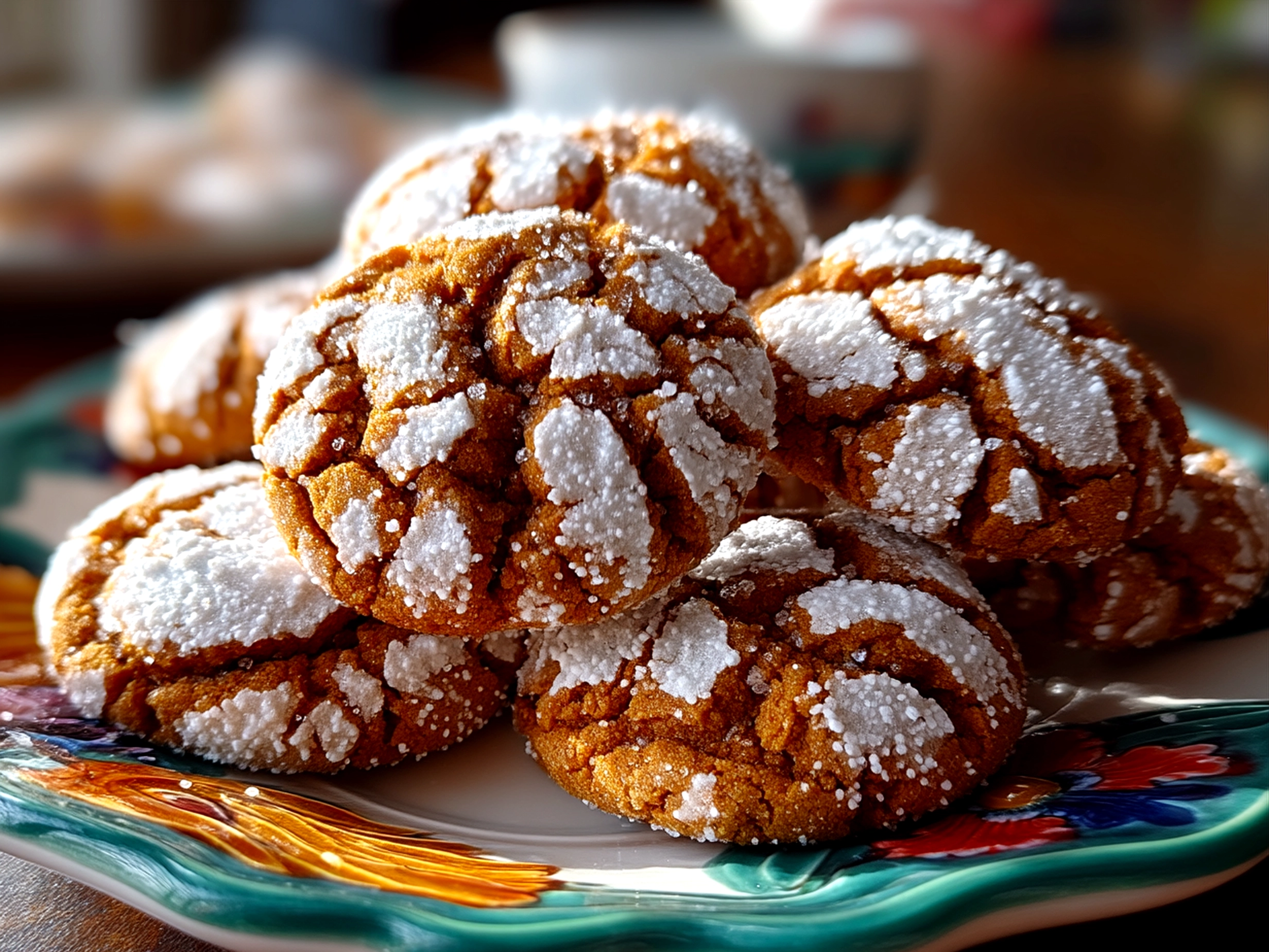 Plated Molasses Crinkle Cookies with powdered sugar dusting