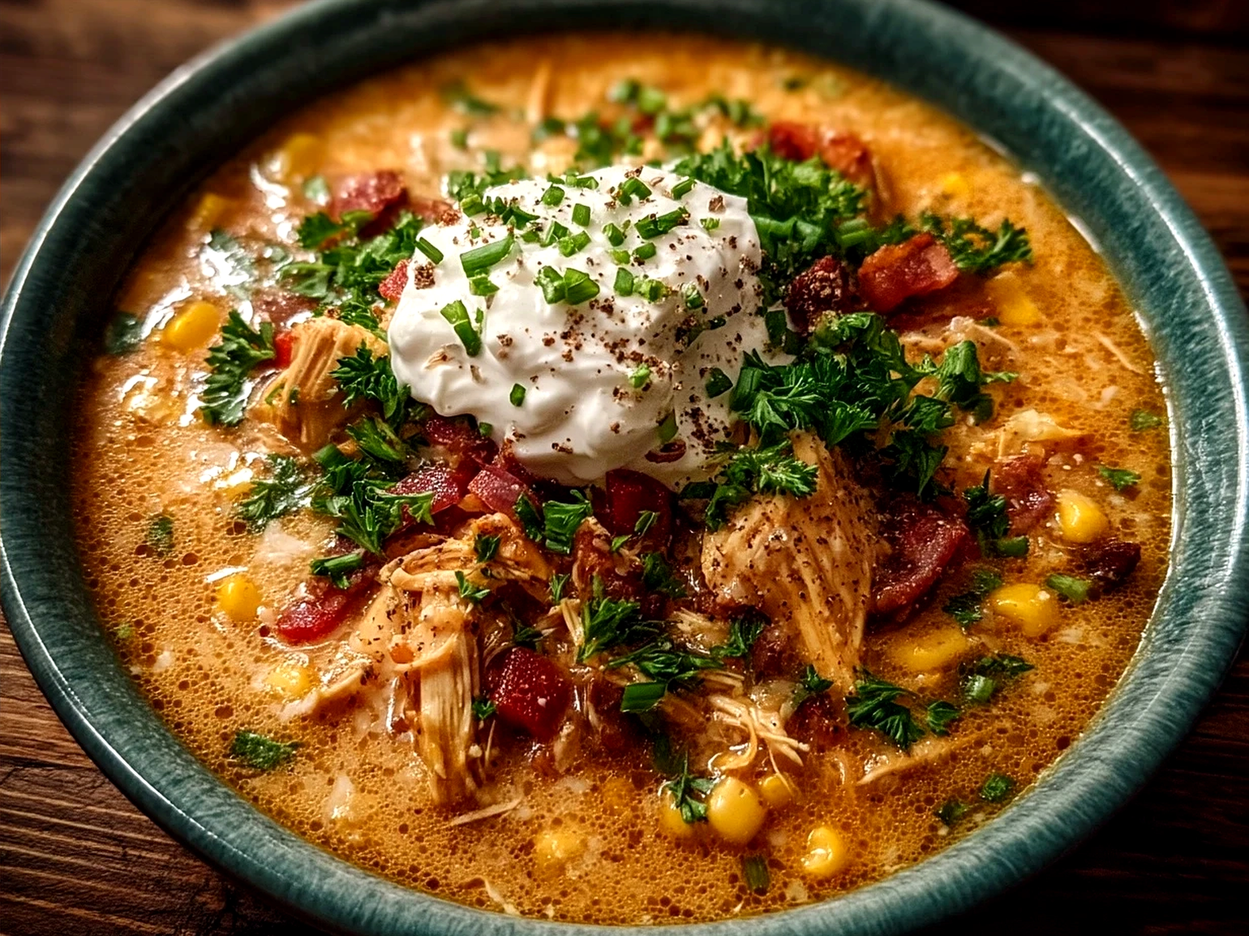 Bowl of One-Pot Creamy Chicken Taco Soup topped with shredded cheddar, cilantro, and tortilla strips