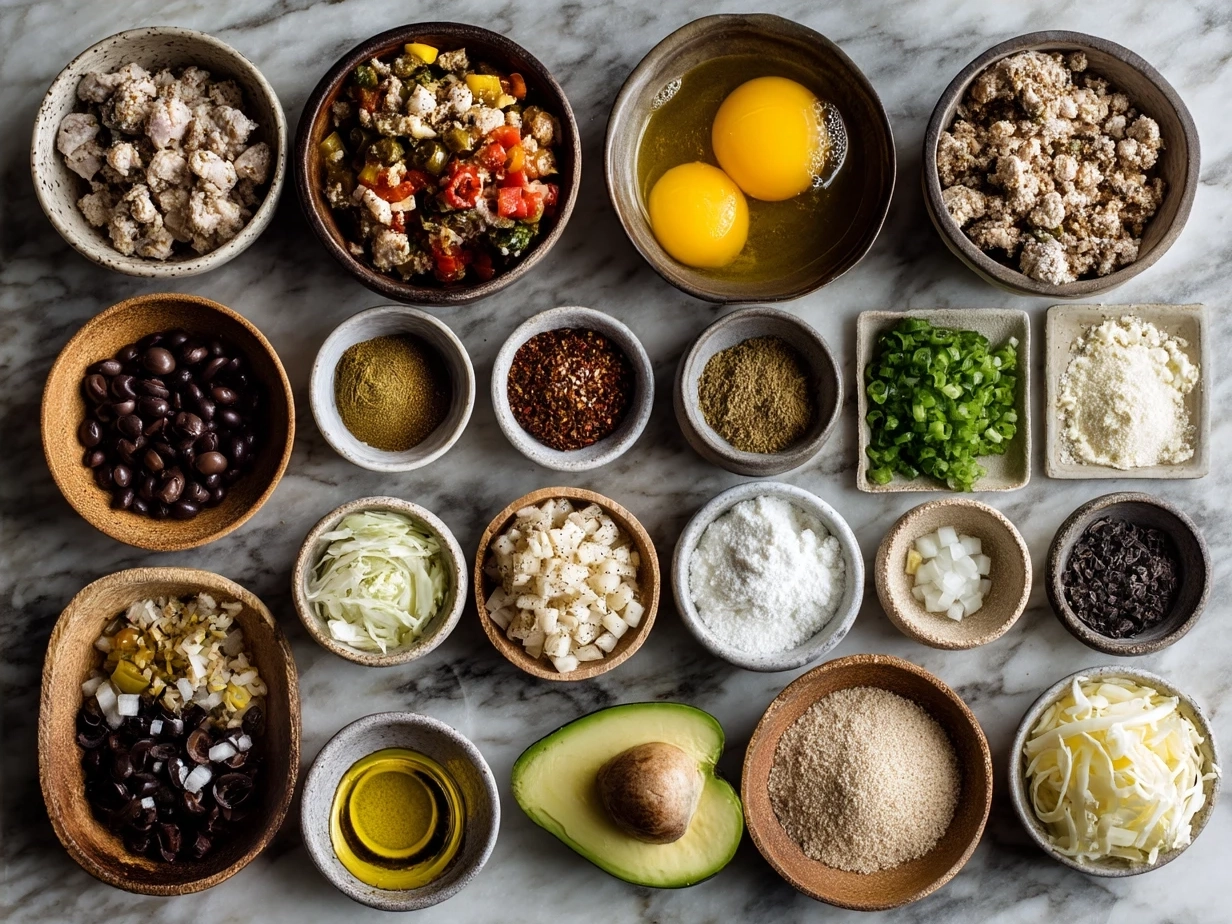 Ingredients for One-Pot Creamy Chicken Taco Soup including olive oil, onion, garlic, chicken, spices, tomatoes, beans, corn, broth, cream cheese, cheddar cheese, salt and pepper