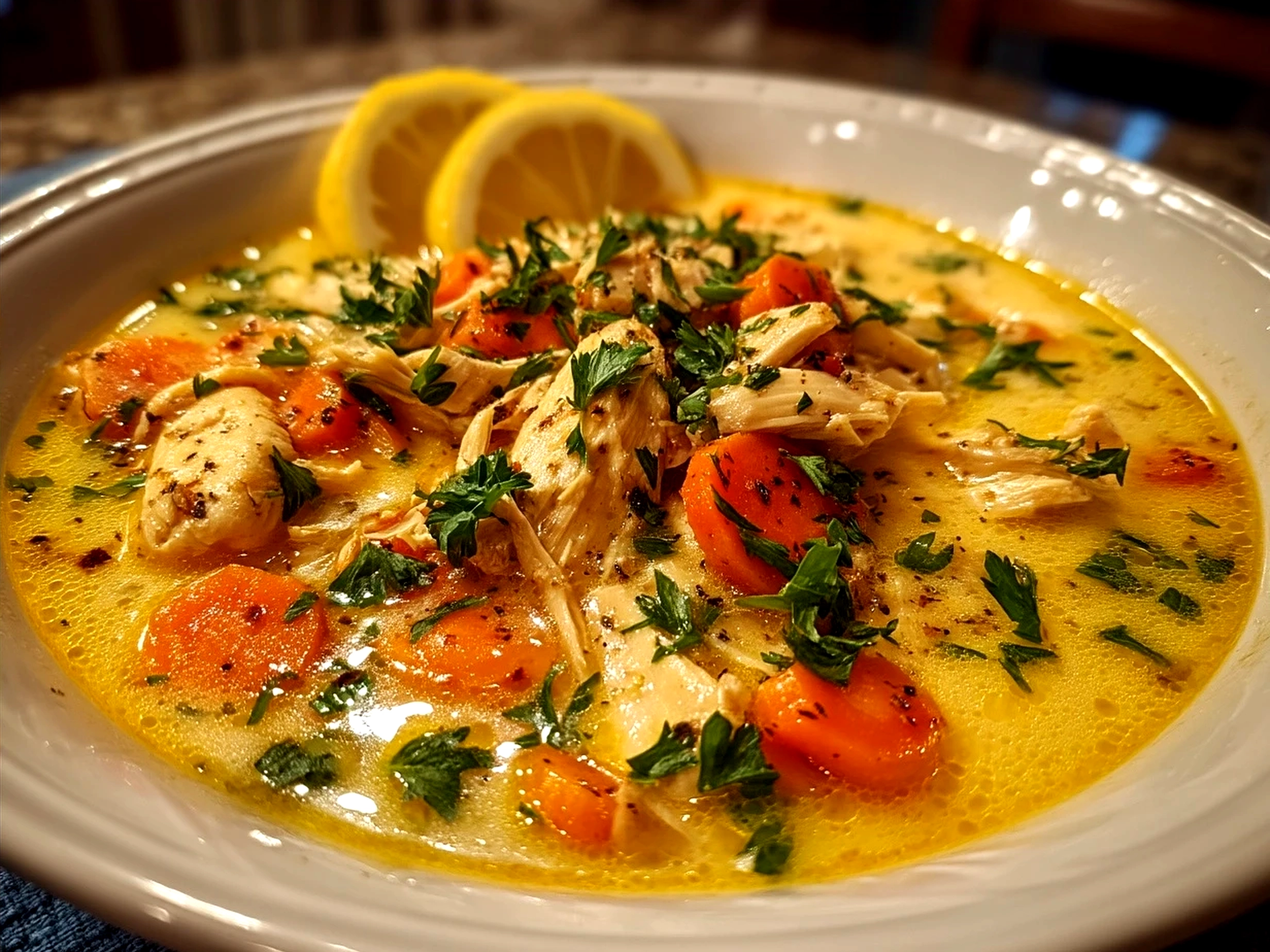 Freshly served bowl of One-Pot Lemon Chicken Soup garnished with parsley and lemon wedges ready to eat