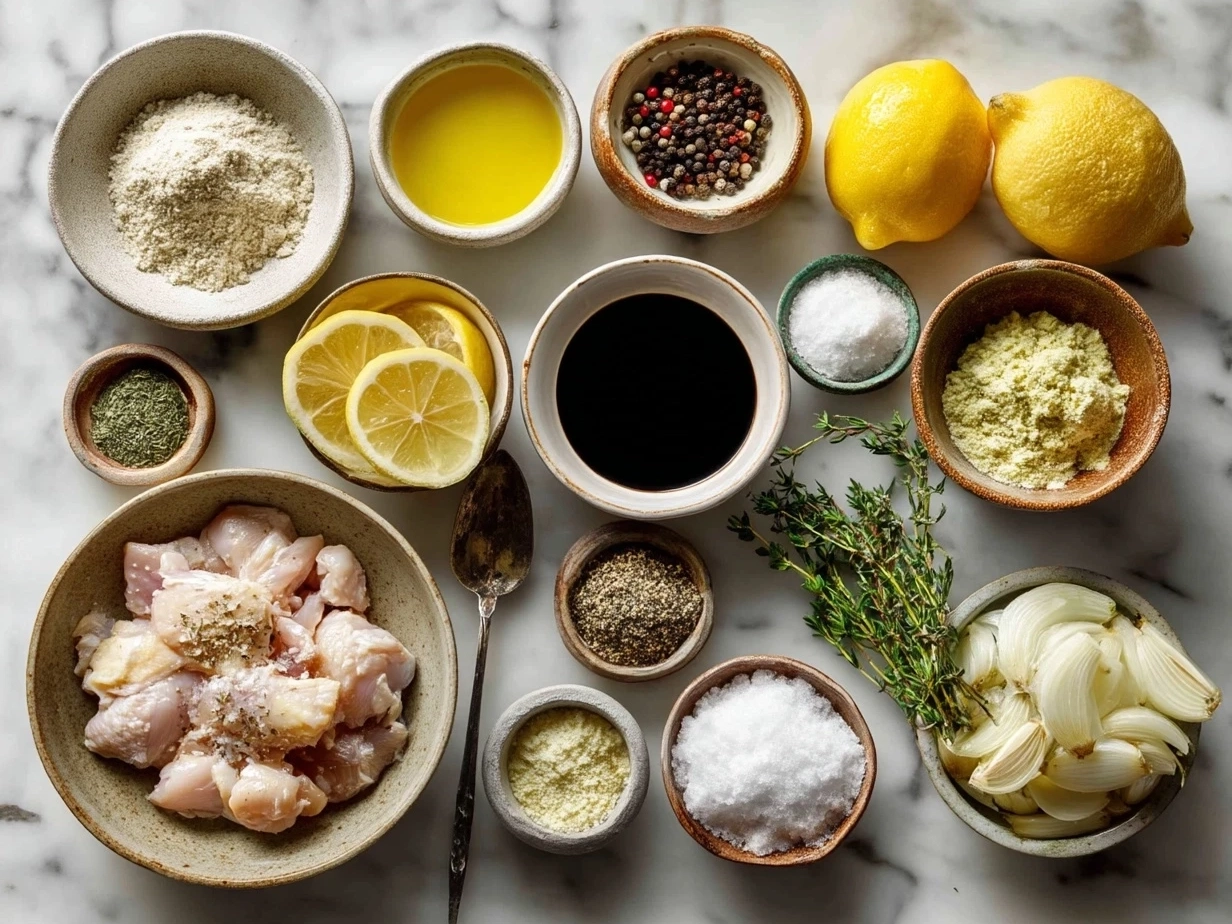 Ingredients laid out for One-Pot Lemon Chicken Soup including olive oil, onions, garlic, carrots, celery, chicken broth, chicken pieces, lemon, herbs, and rice