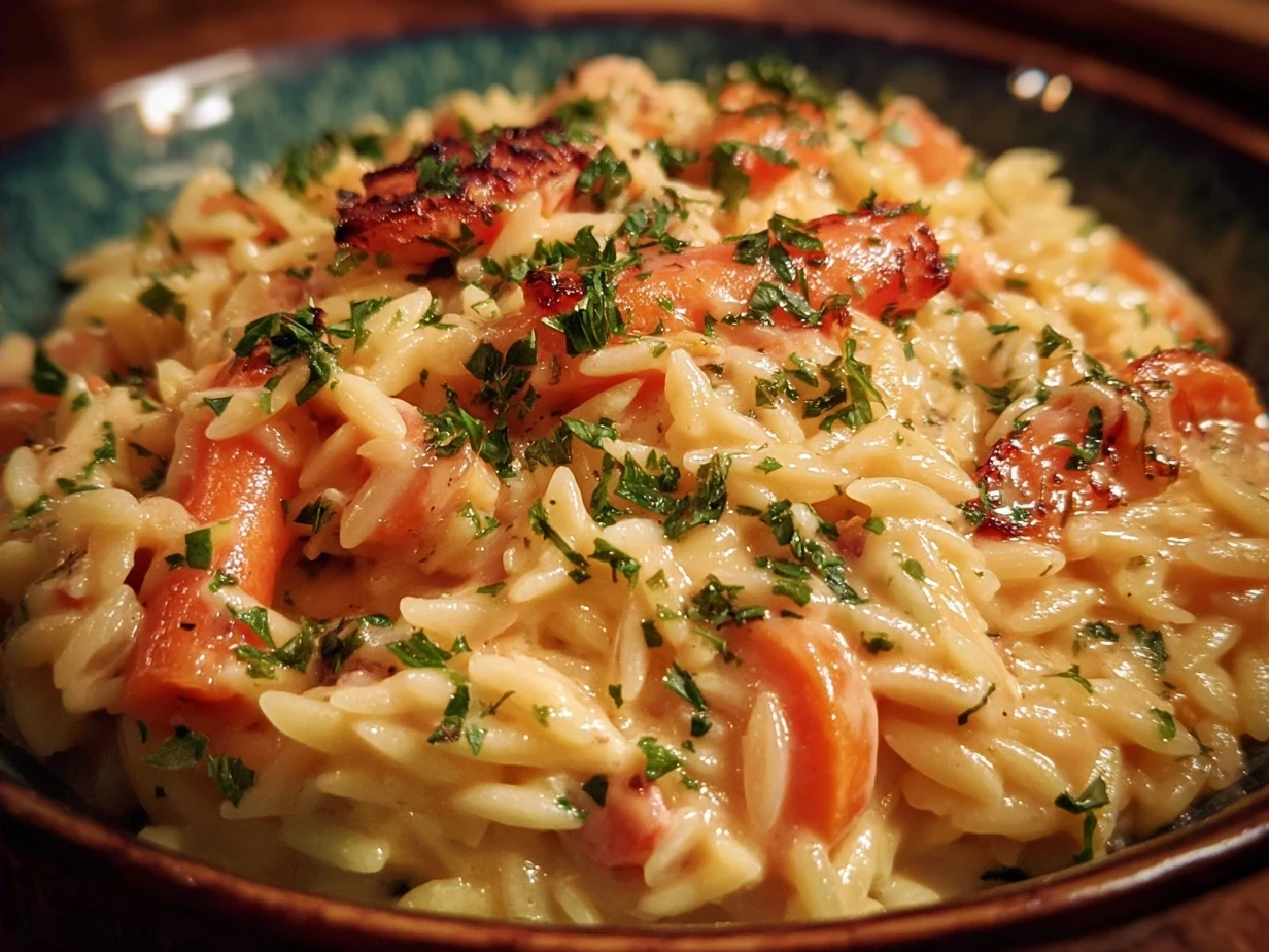 Served One-Pot Veggie Cream Orzo with fresh herbs and vegetables