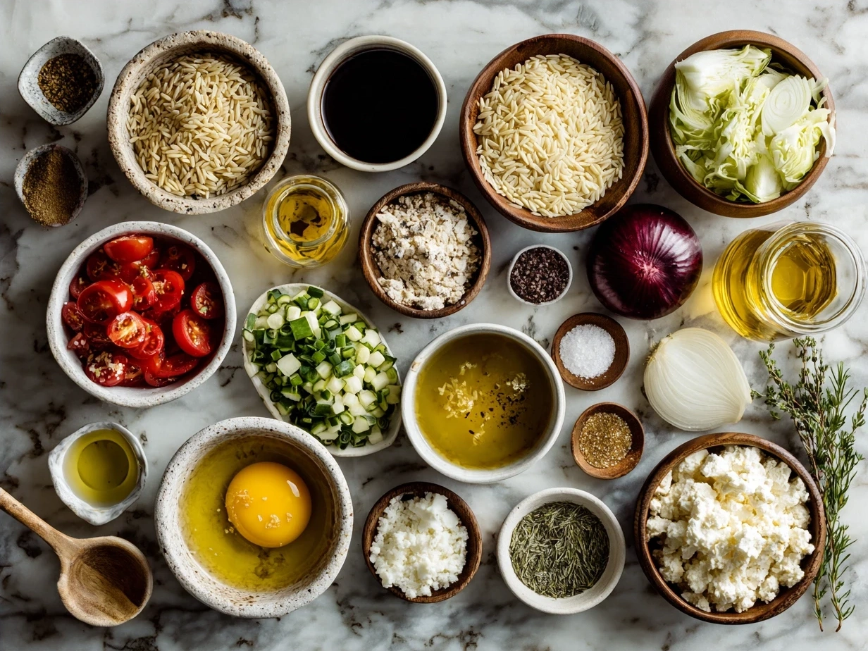 Ingredients for One-Pot Veggie Cream Orzo including orzo pasta, olive oil, vegetables, cream, and Parmesan cheese