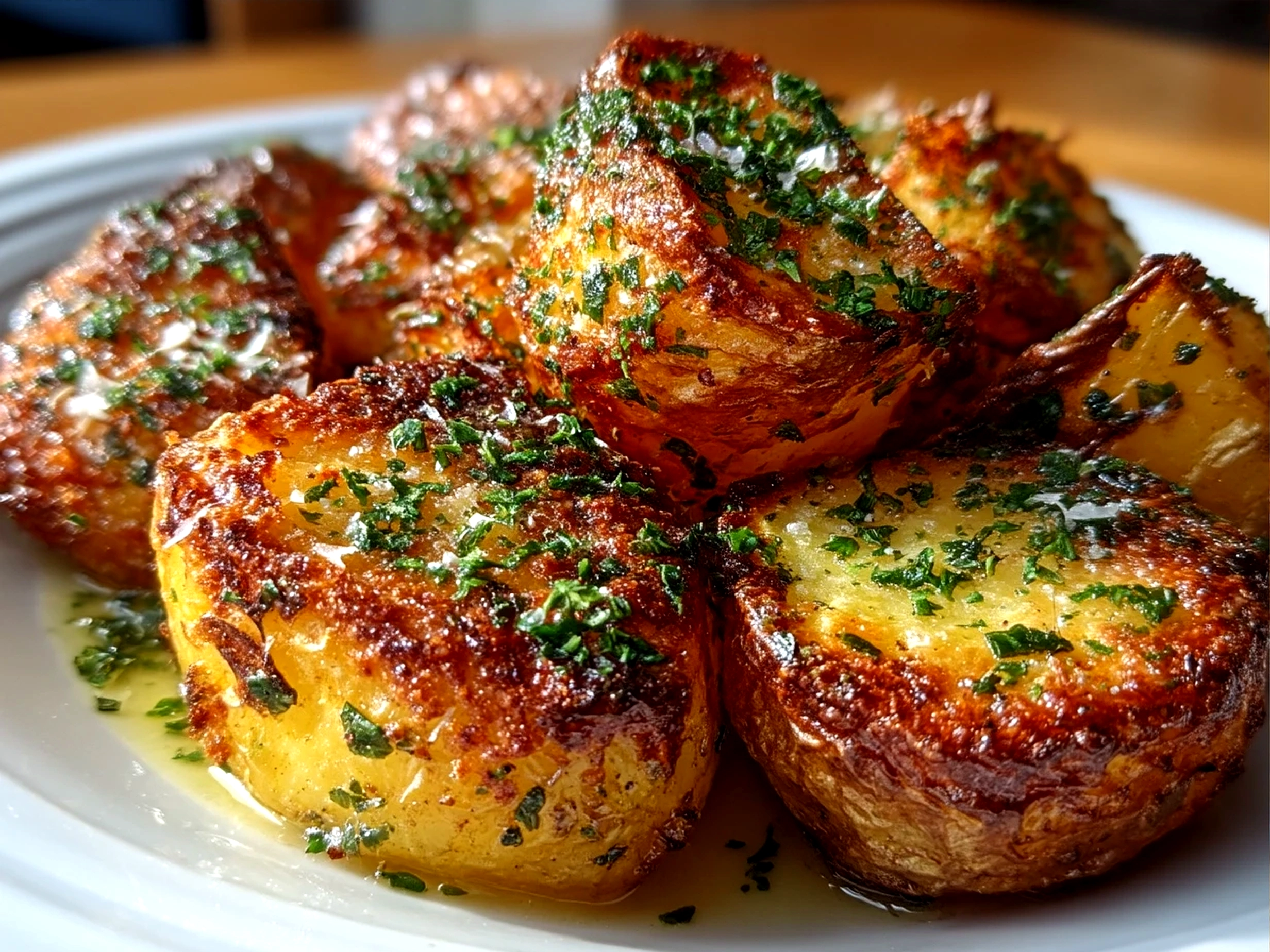 Serving Oven-Crisped Parmesan Potatoes garnished with parsley on a rustic wooden board