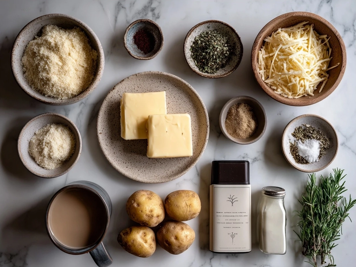 Ingredients for Oven-Crisped Parmesan Potatoes including baby potatoes, olive oil, garlic, Parmesan cheese, and herbs