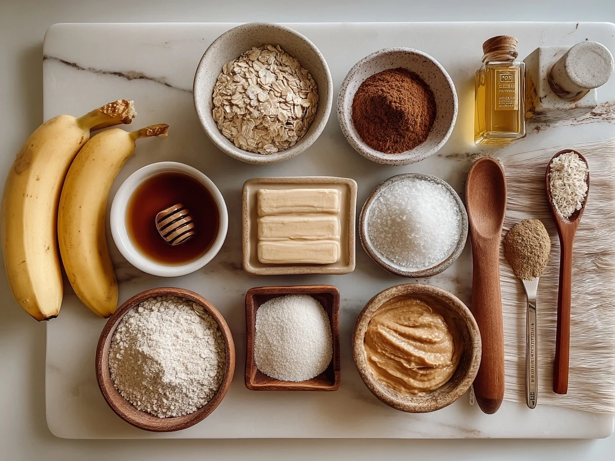 Ingredients for Peanut Butter Banana Oat Bars arranged on a table