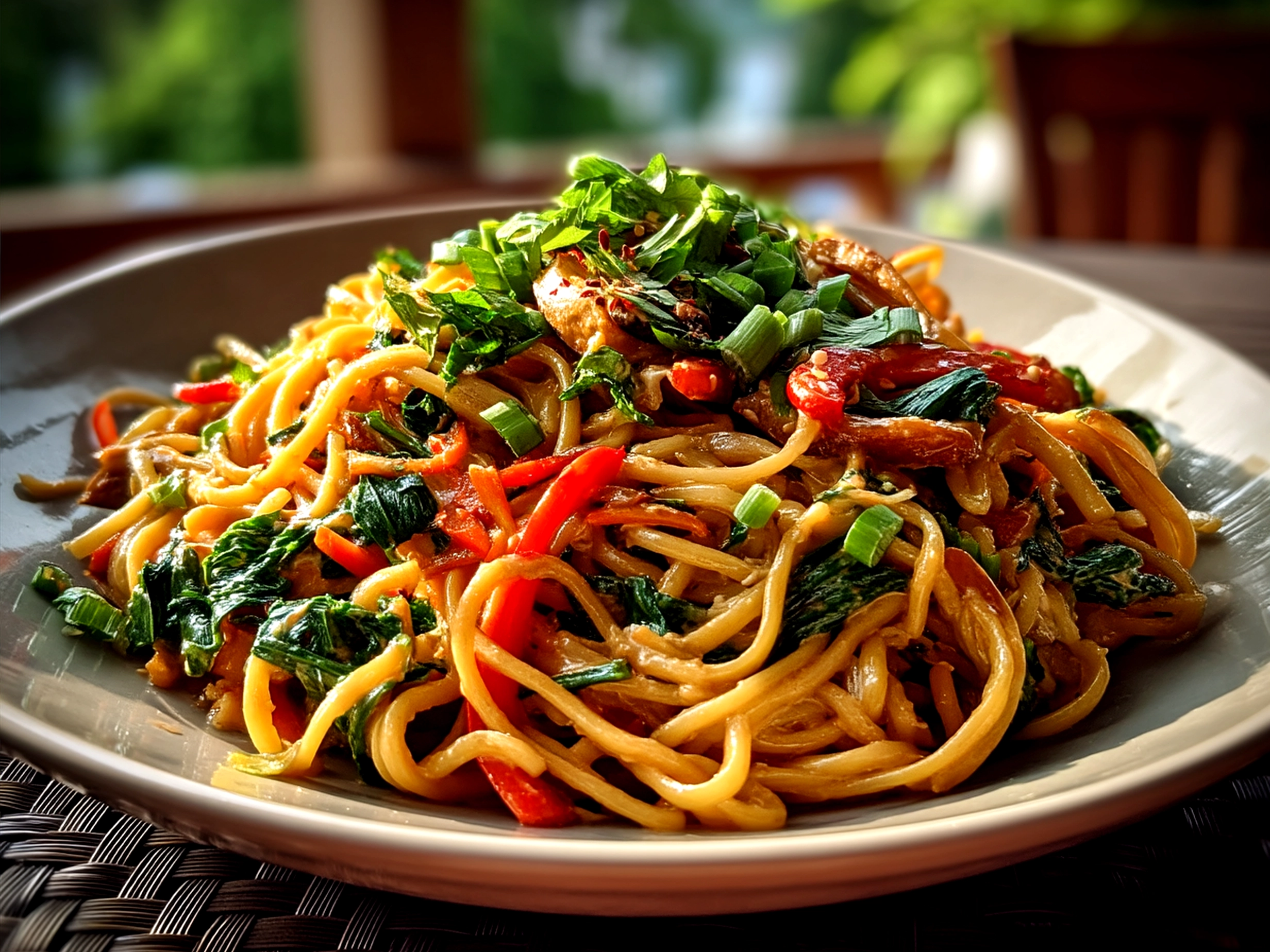 A bowl of creamy Peanut Noodles garnished with green onions and crushed peanuts