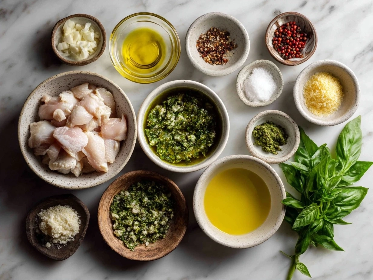 Ingredients for pesto chicken including fresh chicken breasts, basil pesto, shredded mozzarella, Parmesan cheese, olive oil, and garlic powder