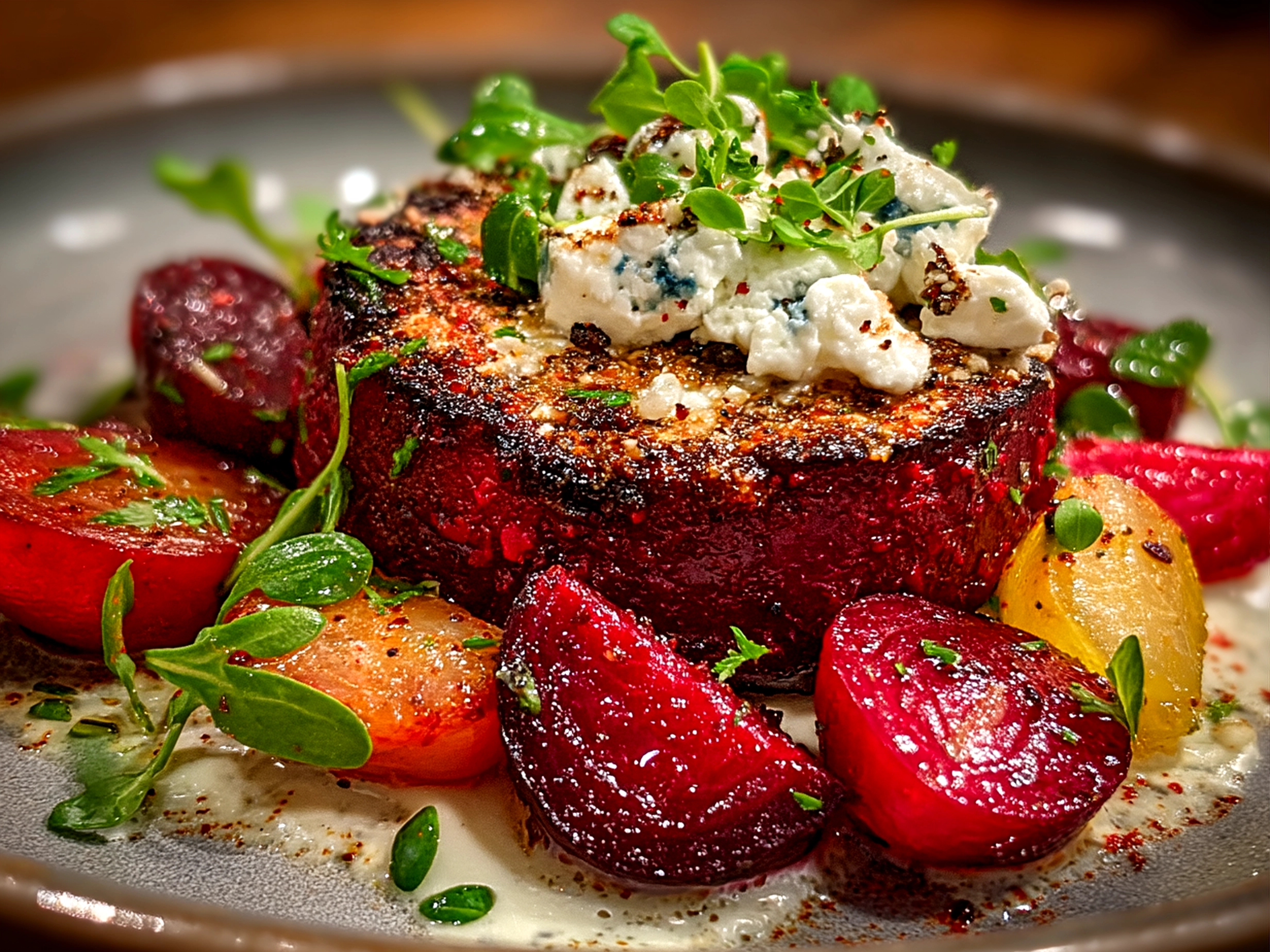 A serving plate with a beautifully presented Roasted Beet Goat Cheese salad garnished with fresh herbs and greens