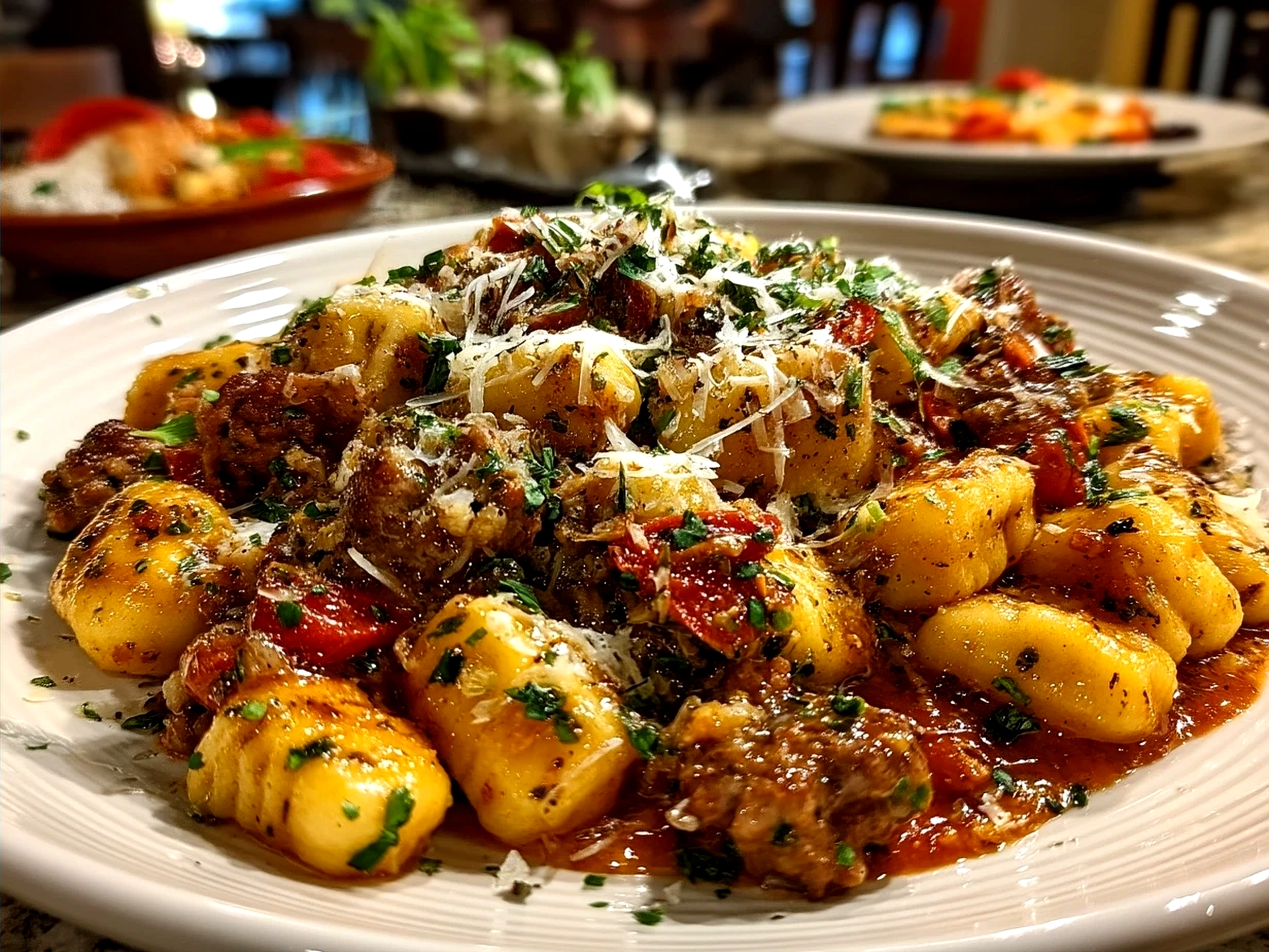 Plated Sausage Gnocchi garnished with fresh basil and ready to serve