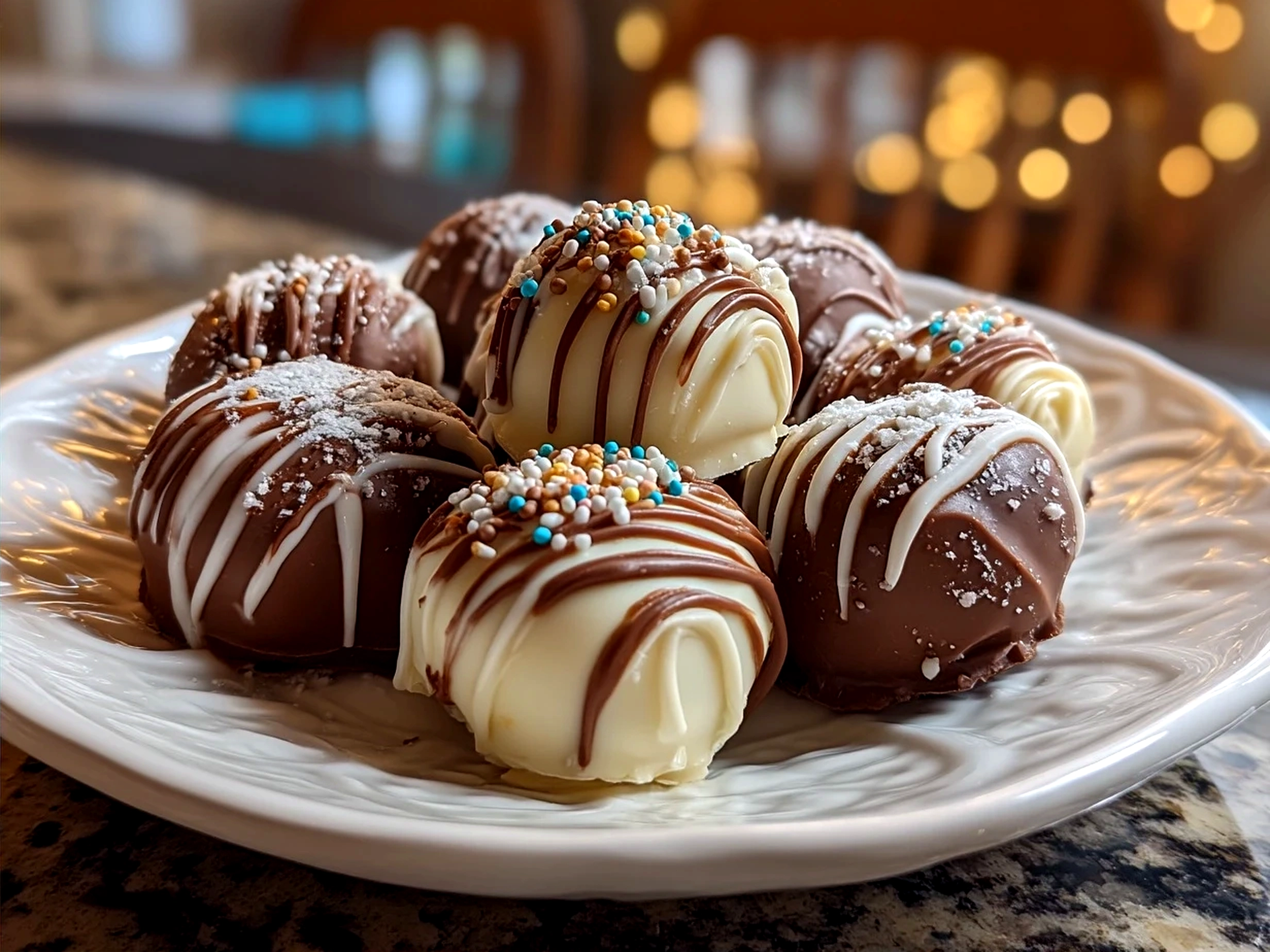 Serve of Shaped Oreo Truffles decorated with sprinkles on a colorful plate ready to enjoy