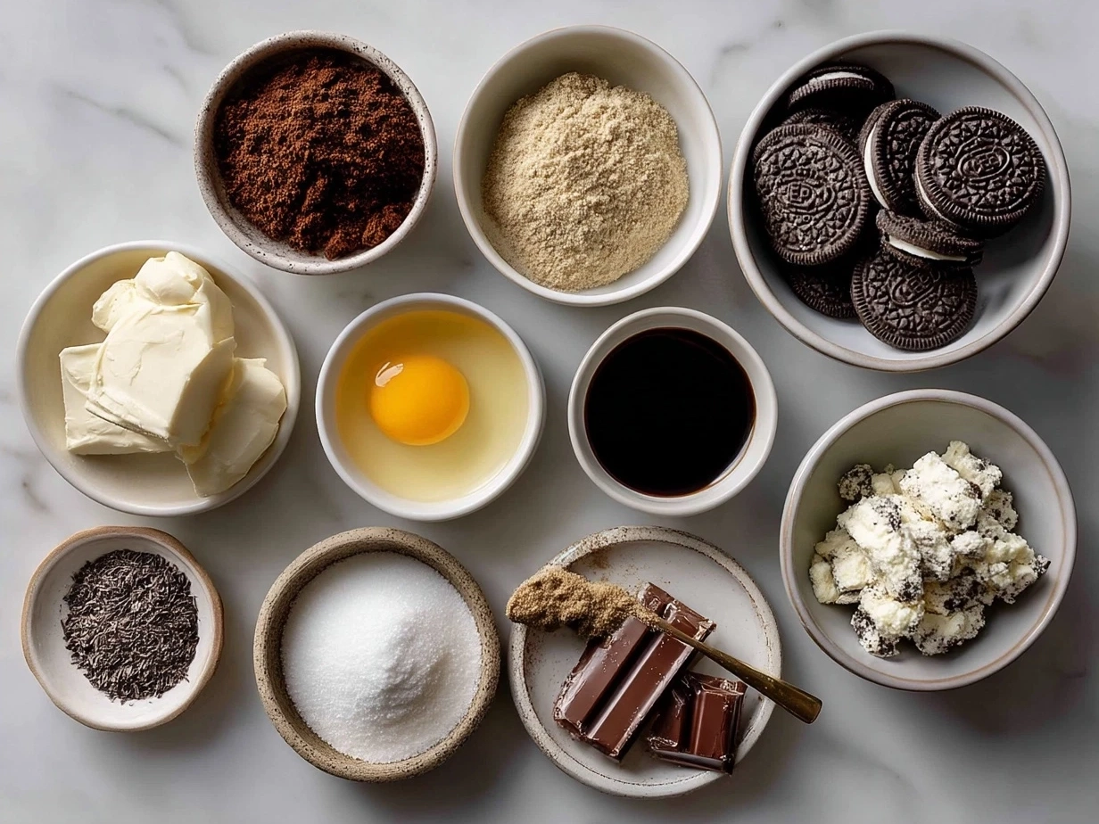 Ingredients for Shaped Oreo Truffles showing Oreos, cream cheese, chocolate chips, and decorating sprinkles