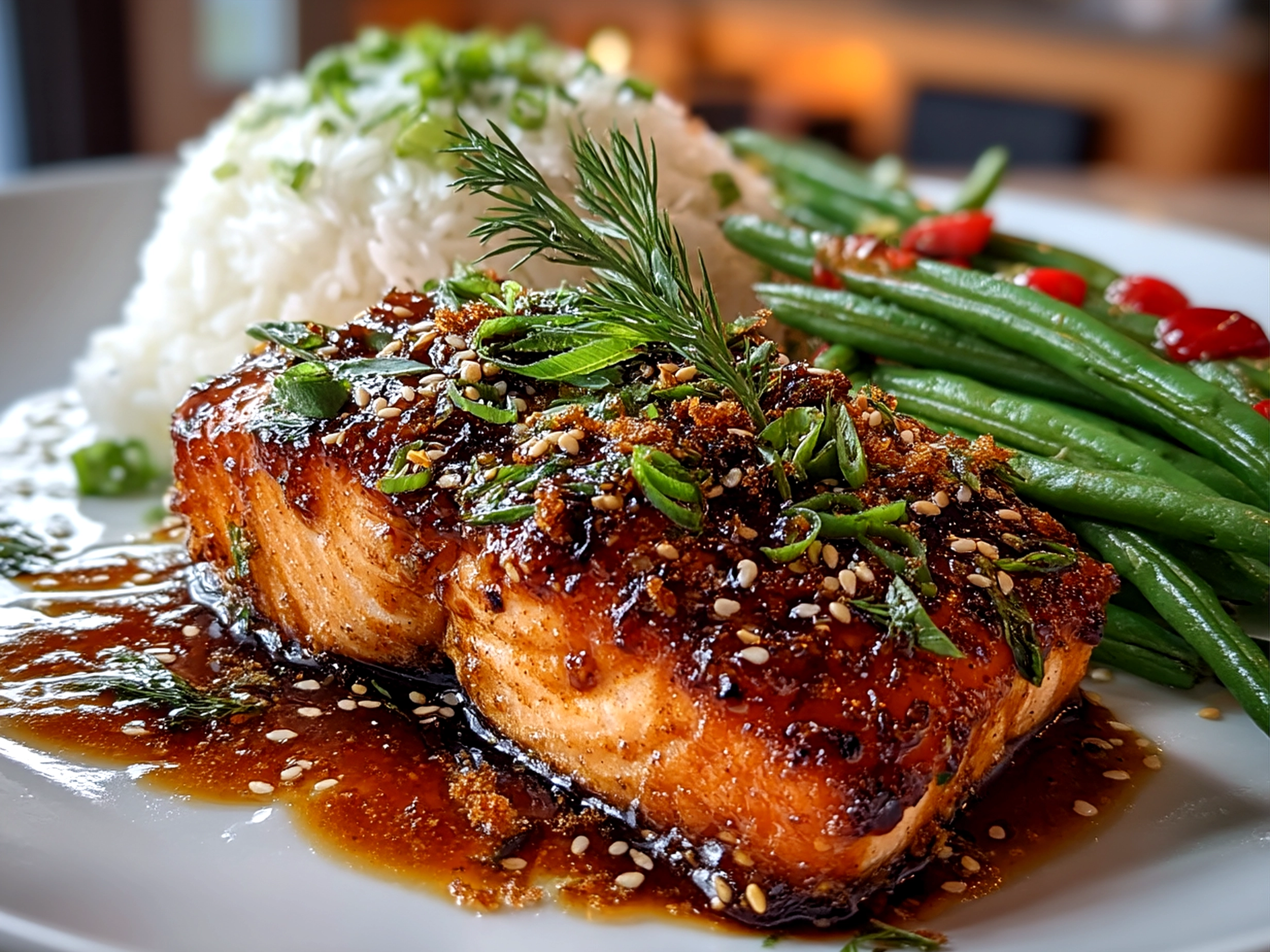 Plated Sheet Pan Teriyaki Salmon with garnish
