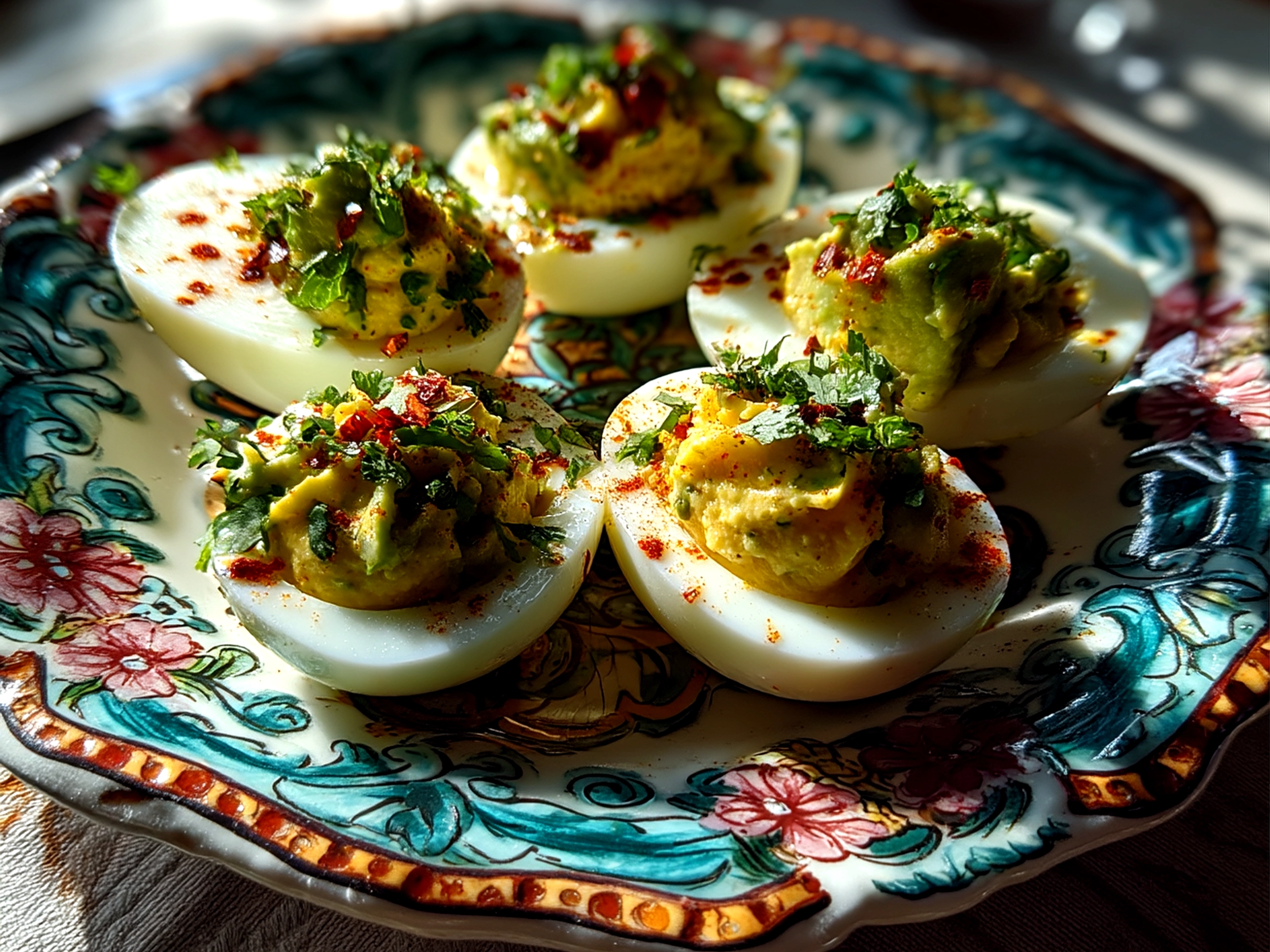 Close-up of finished avocado deviled eggs garnished with smoked paprika and chives
