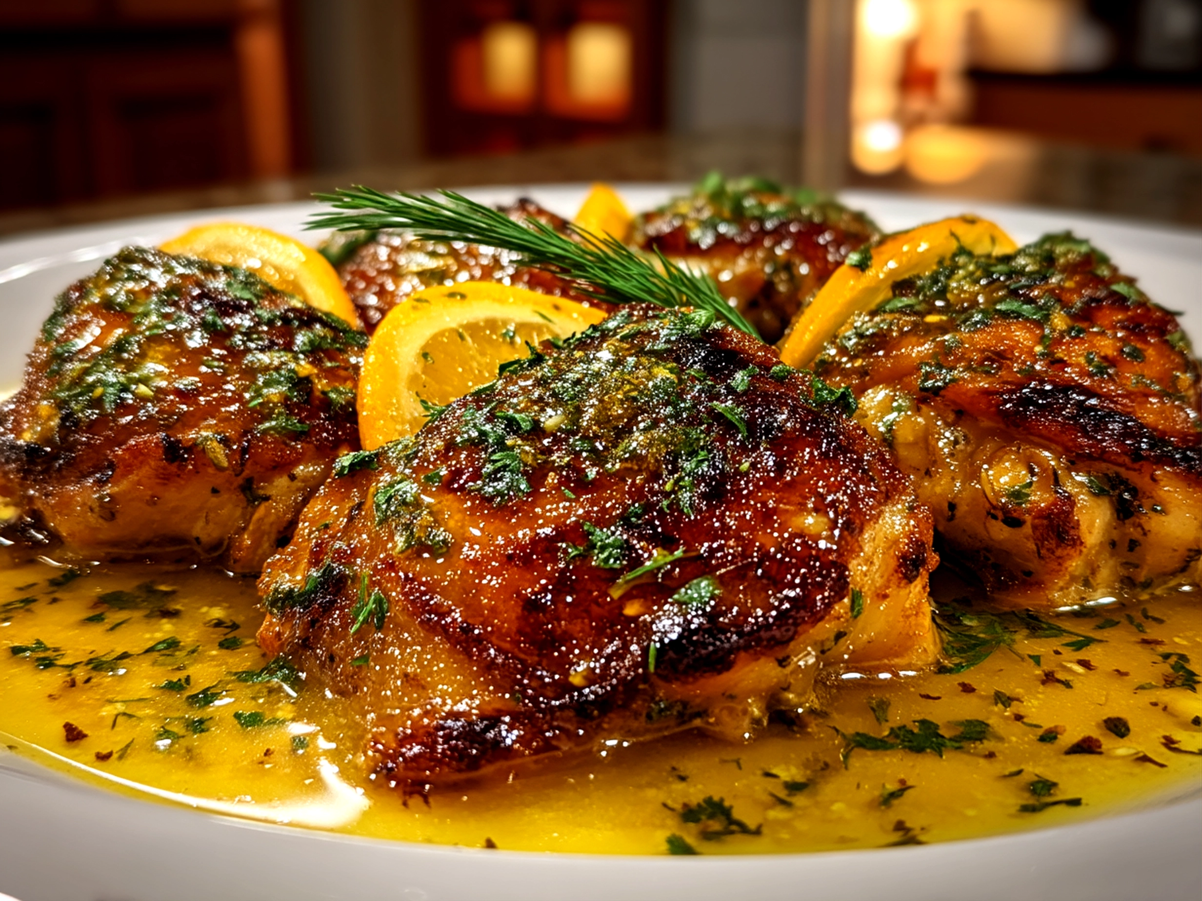 Close-up of finished Citrus Chicken Thighs with crispy skin and citrus glaze