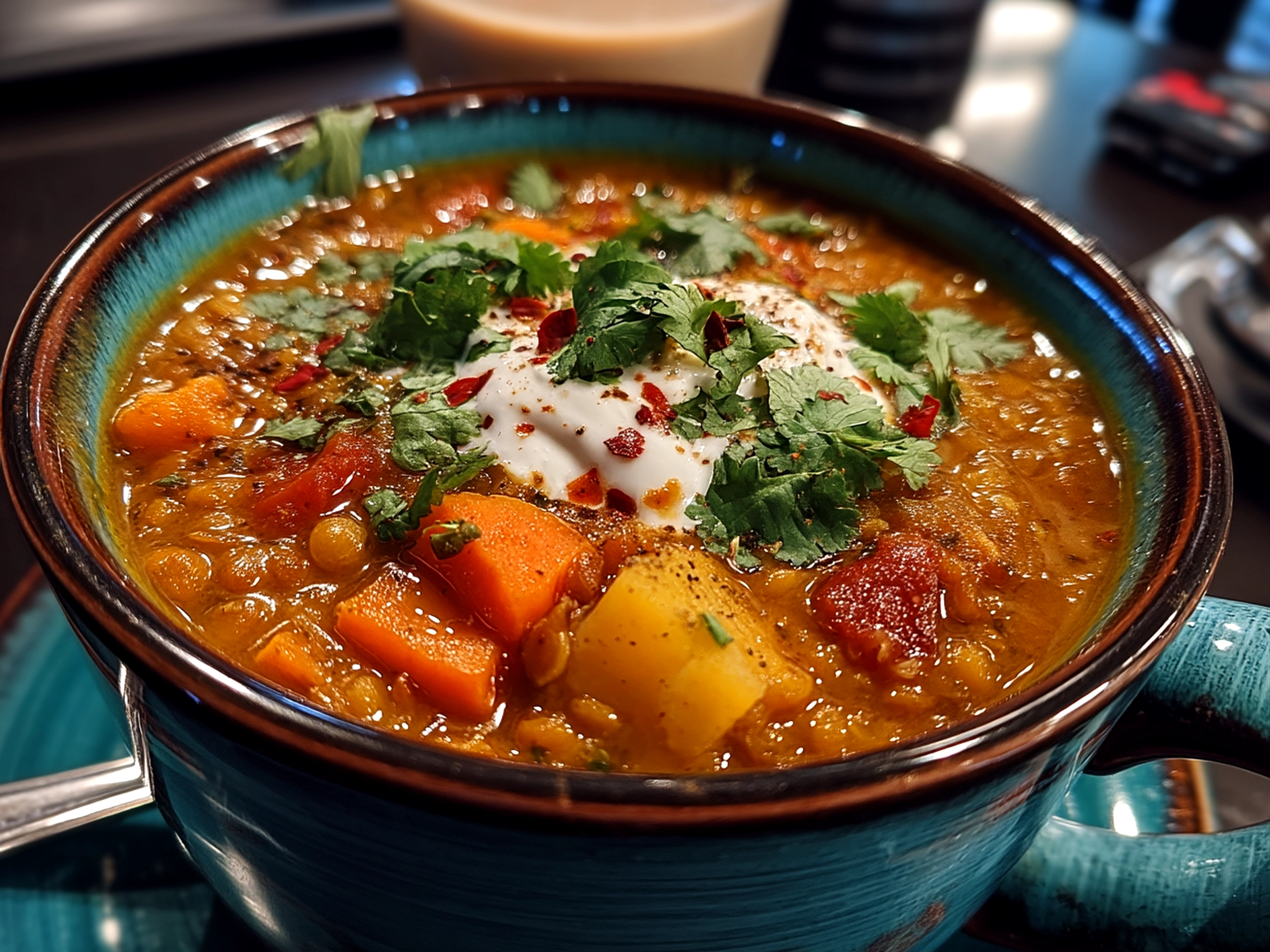 Slight angle close-up of finished comforting Coconut Curry Lentil Soup in a bowl