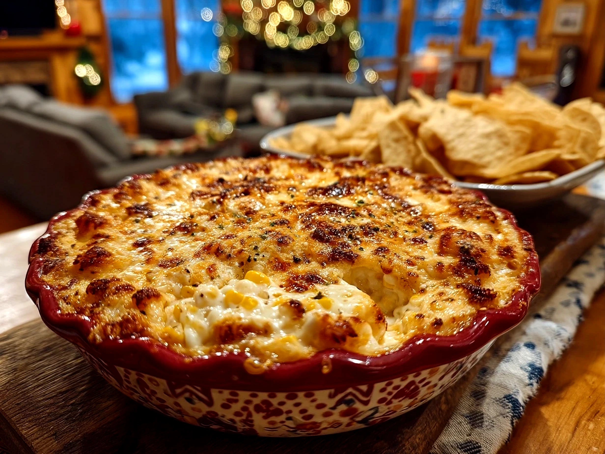 Slight angle close-up of finished delicious cheesy crowd-pleaser corn dip