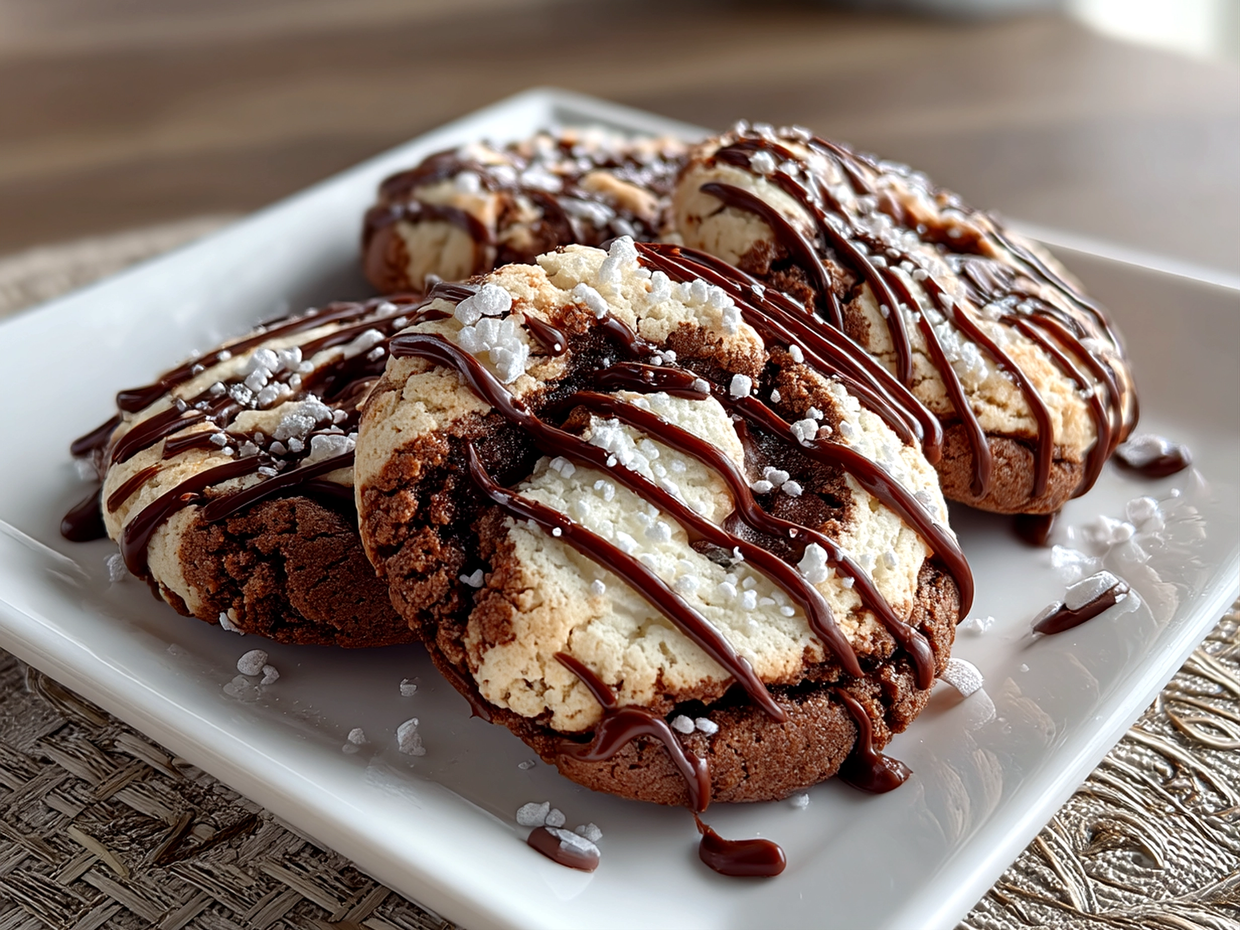 Slight angle close-up of finished delicious chocolate marshmallow swirl cookies with sauce smears on plate