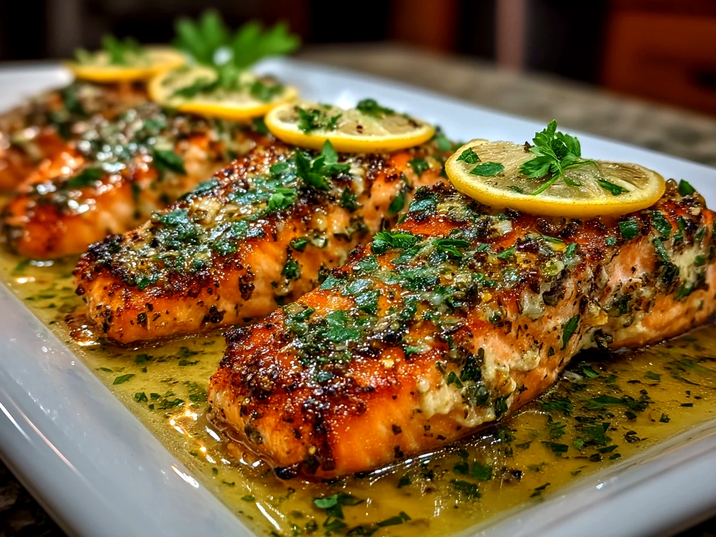 Close-up of finished Garlic Butter Lemon Salmon on plate