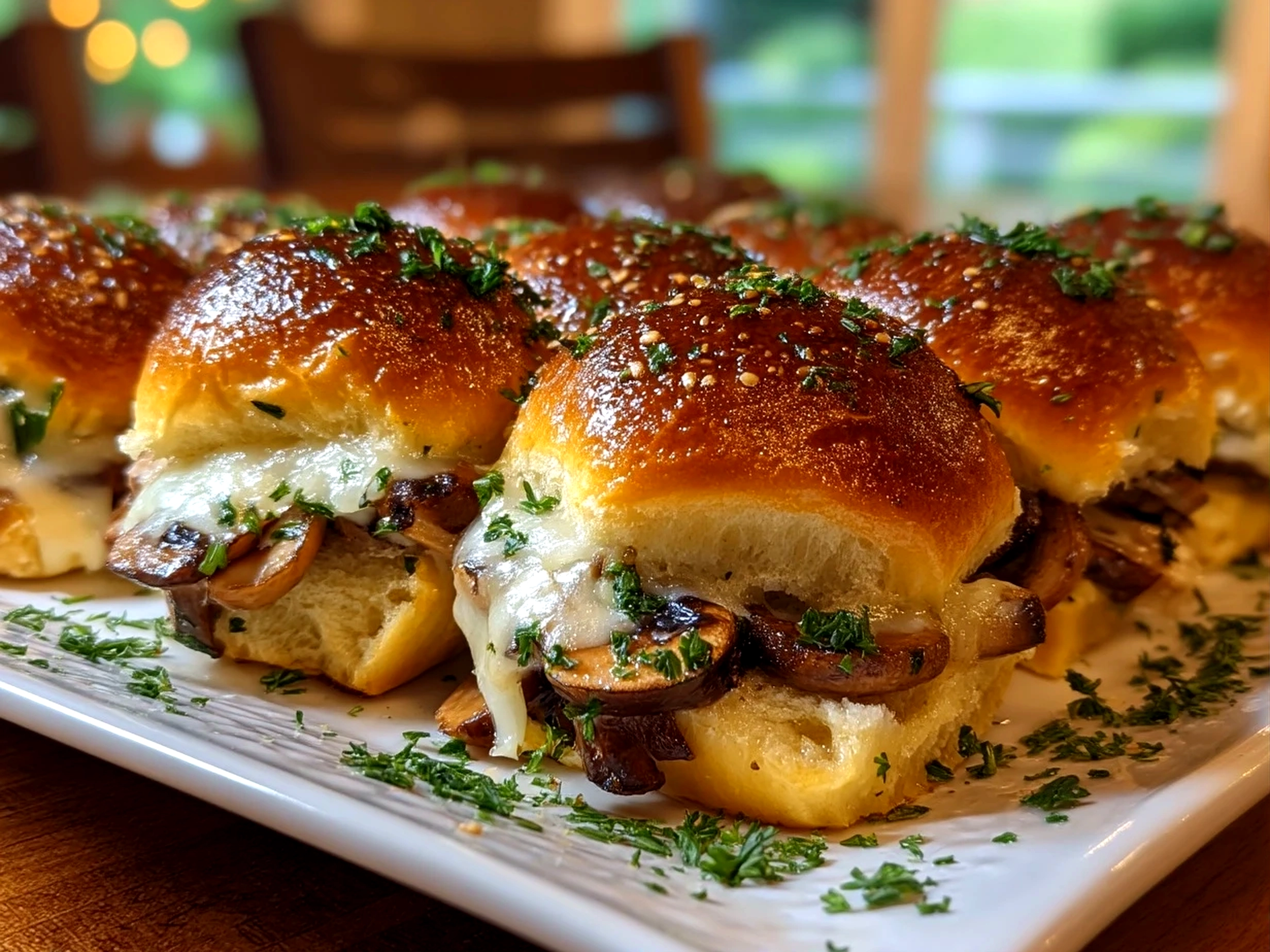 Slight angle close-up of finished Mini Mushroom Swiss Sliders, showing melted Swiss cheese, sautéed mushrooms, and soft slider buns