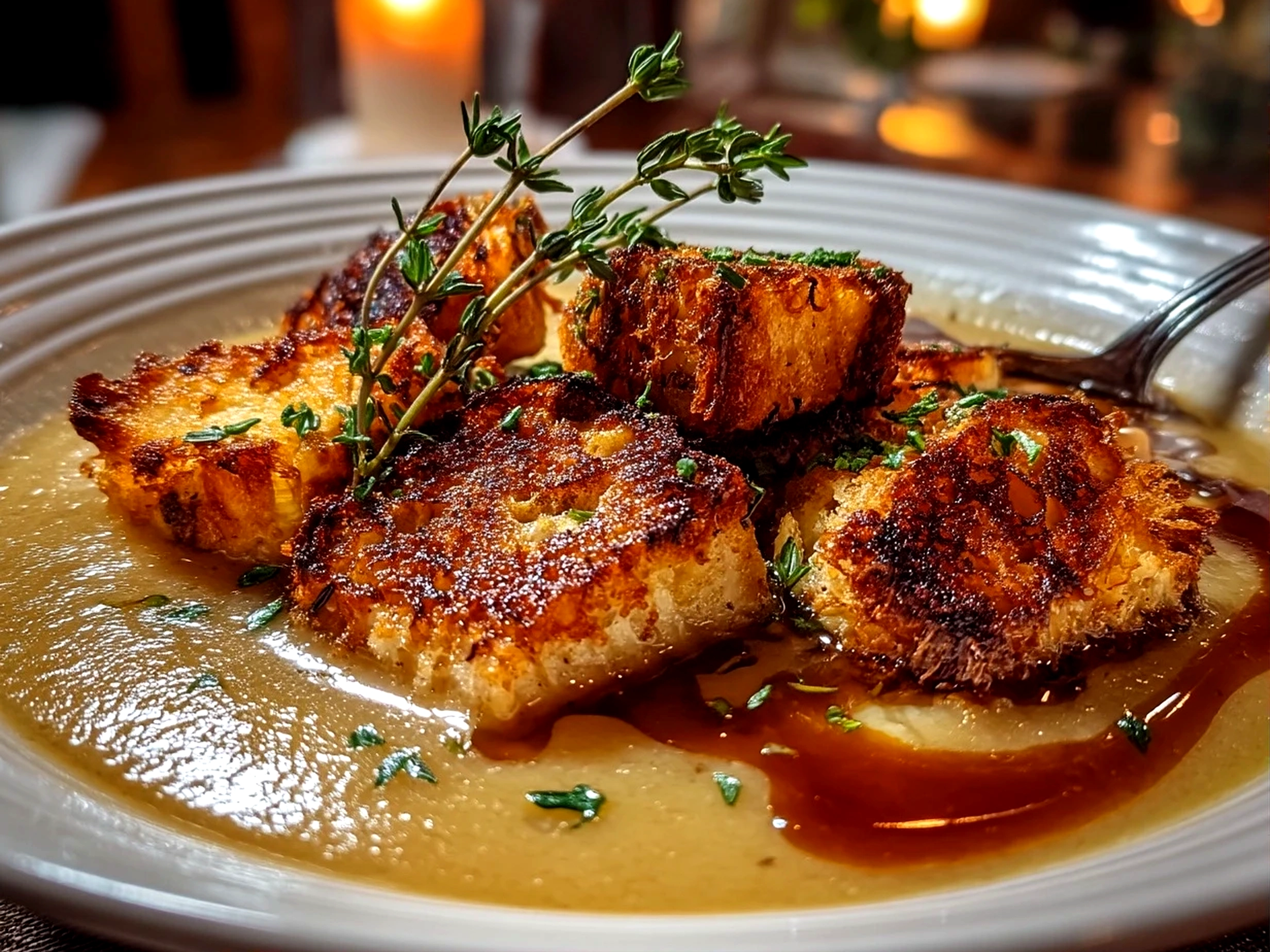 Slight angle close-up of finished Roasted Parsnip Soup with Thyme in a bowl garnished with fresh thyme