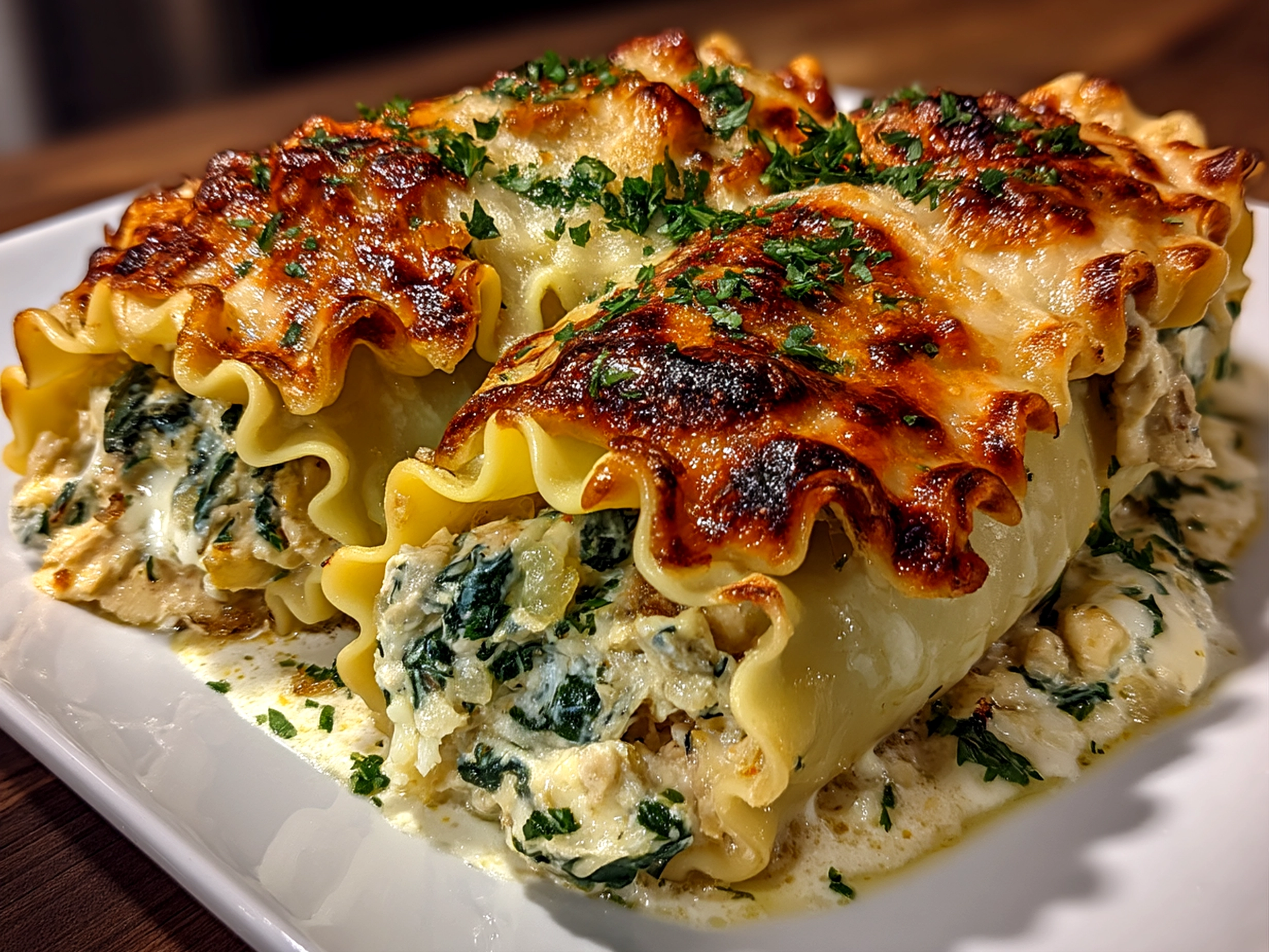 Slight angle close up finished spinach artichoke lasagna rolls on a plate