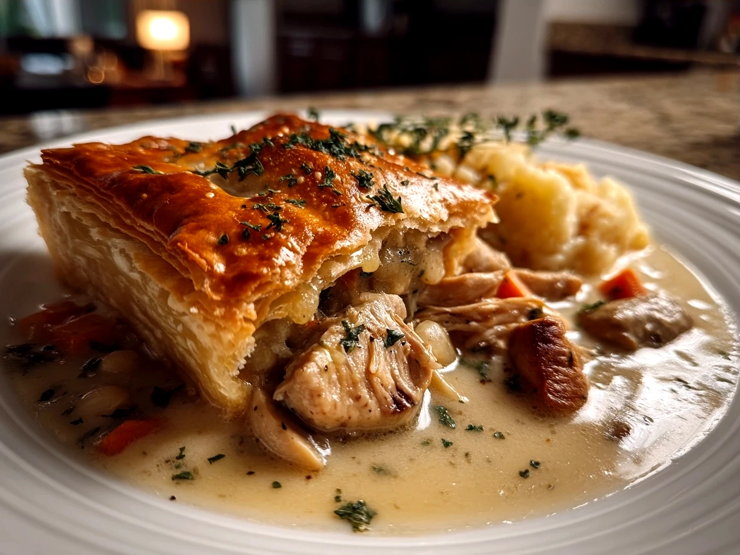 Serving of Slow Cooker Chicken Pot Pie with puff pastry and biscuits