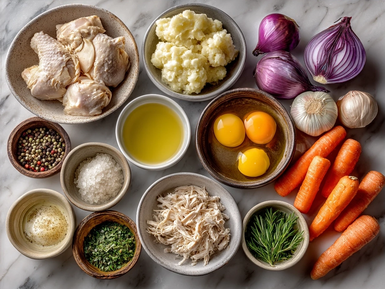 Ingredients arranged for Slow Cooker Chicken Pot Pie including chicken, vegetables, and herbs