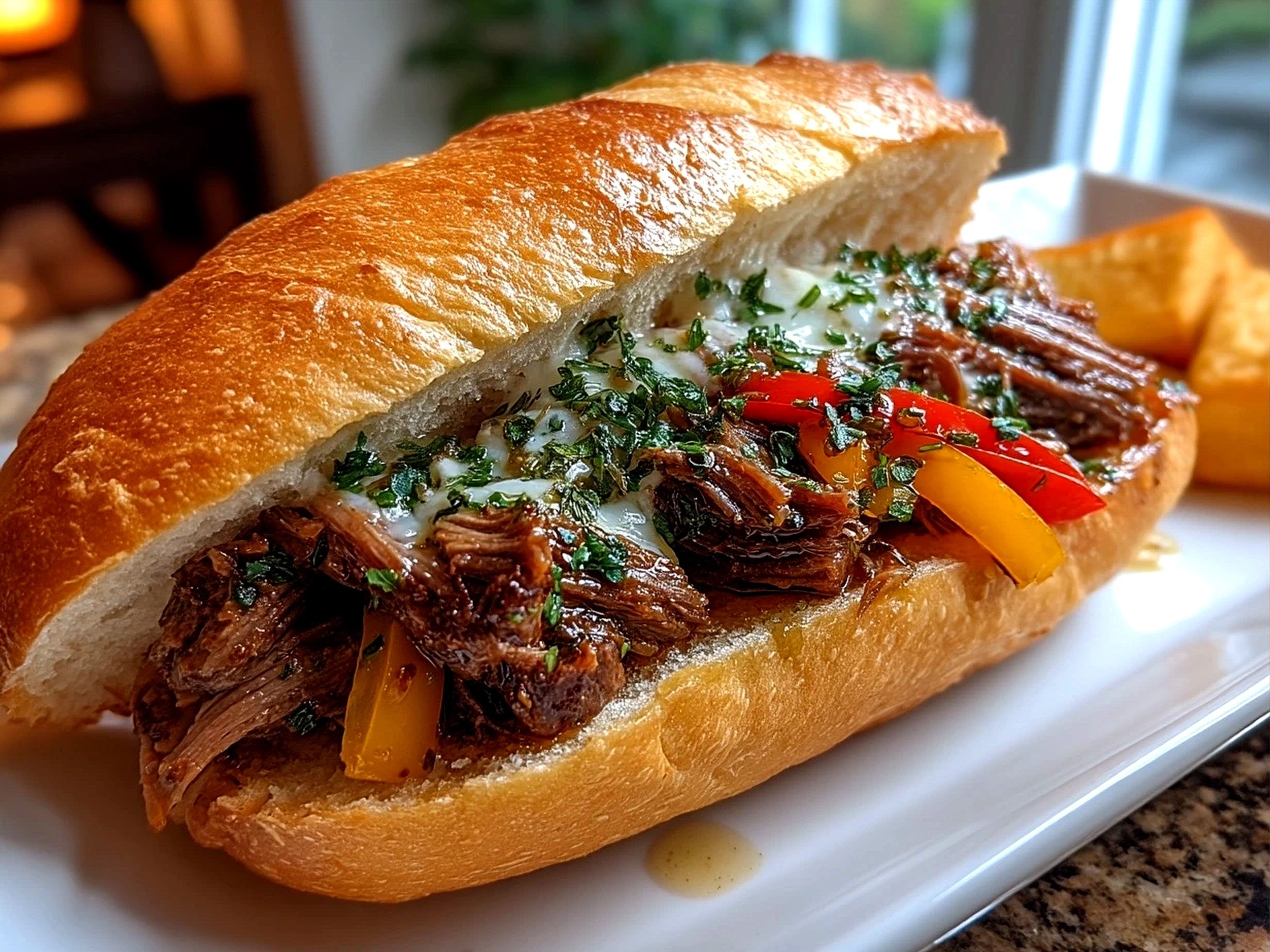 Slow Cooker Italian Beef Sandwich served with crispy fries and zesty slaw