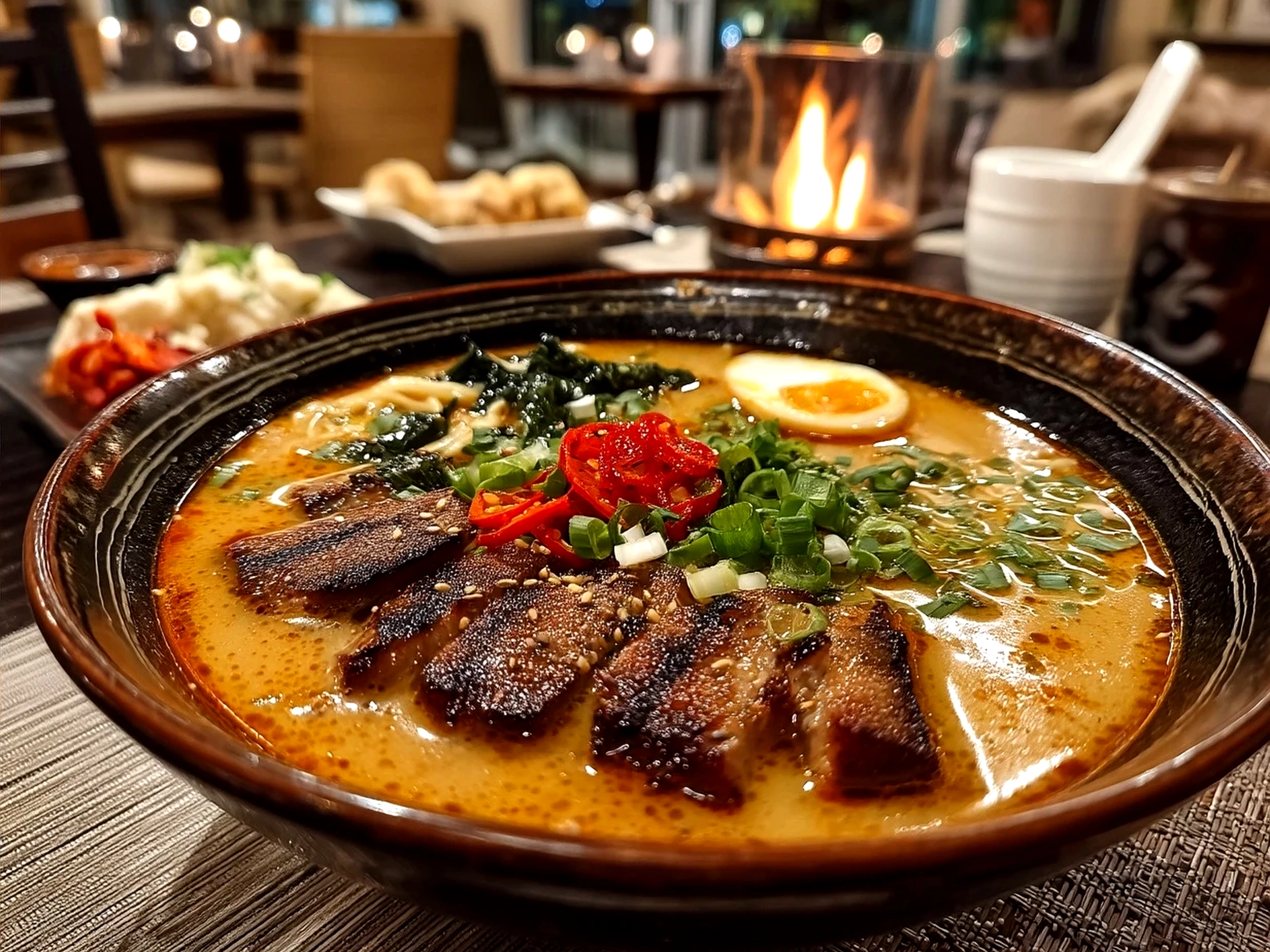 A bowl of spicy miso ramen garnished with soft-boiled egg, scallions, and nori flakes