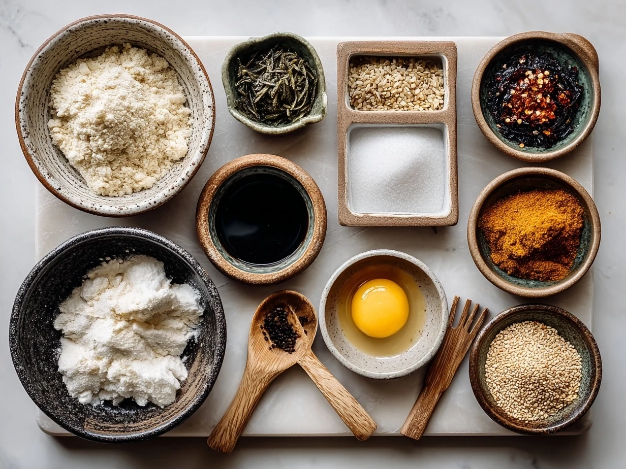 Ingredients for spicy miso ramen including miso paste, chili oil, ramen noodles, broth, eggs, and garnishes