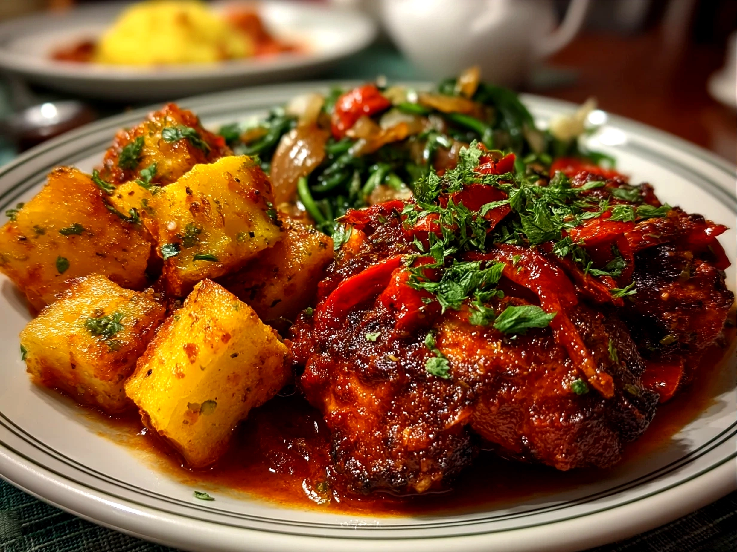Plated Spicy Portuguese Chilli Chicken served with charred lemon wedges and fresh salad
