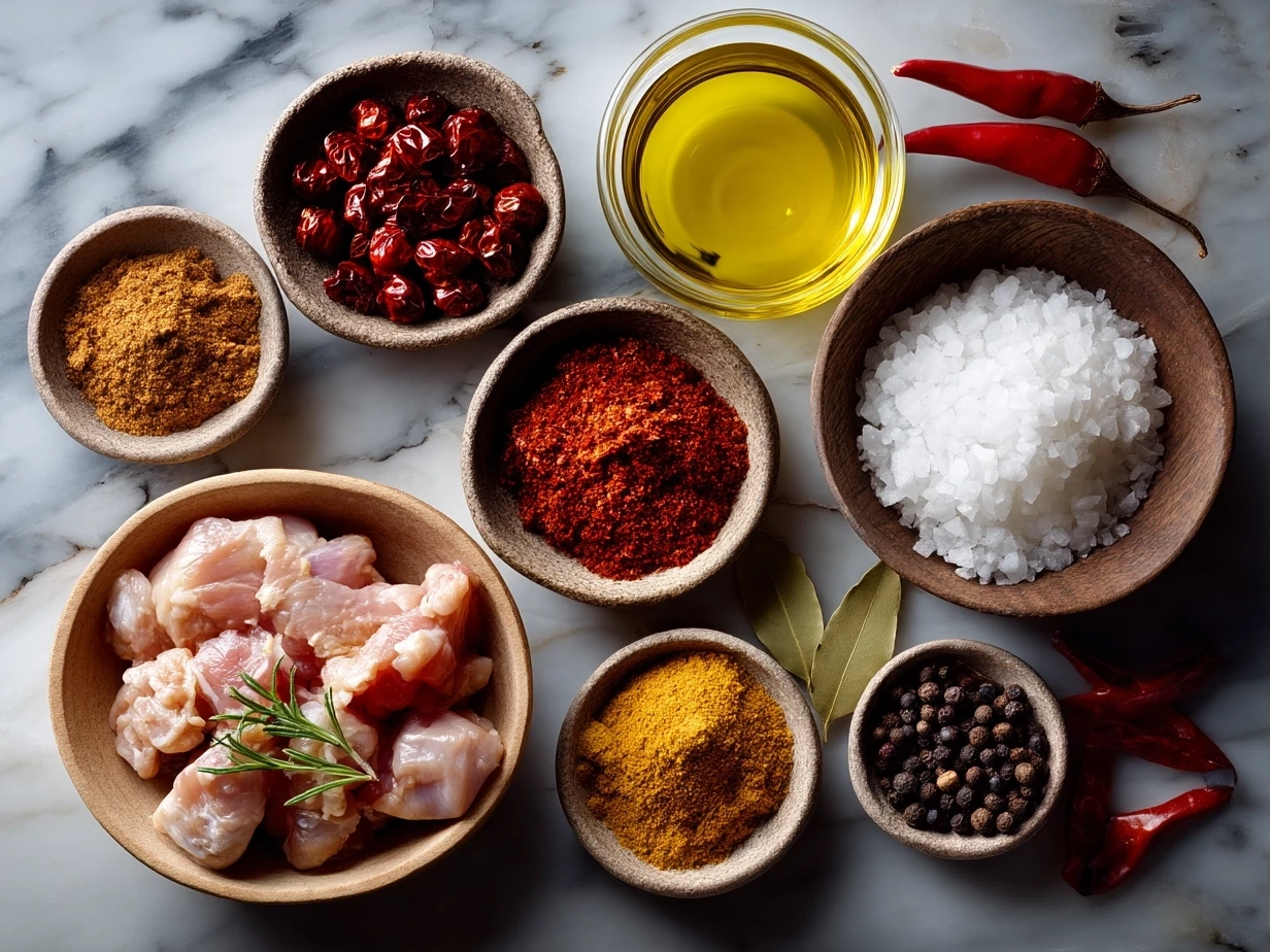 Ingredients for Spicy Portuguese Chilli Chicken including chicken legs, spices, garlic, lemon, and olive oil