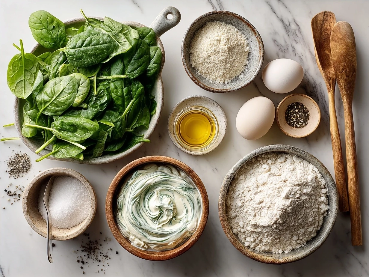 Ingredients for creamy spinach dip including fresh spinach, cream cheese and cheeses