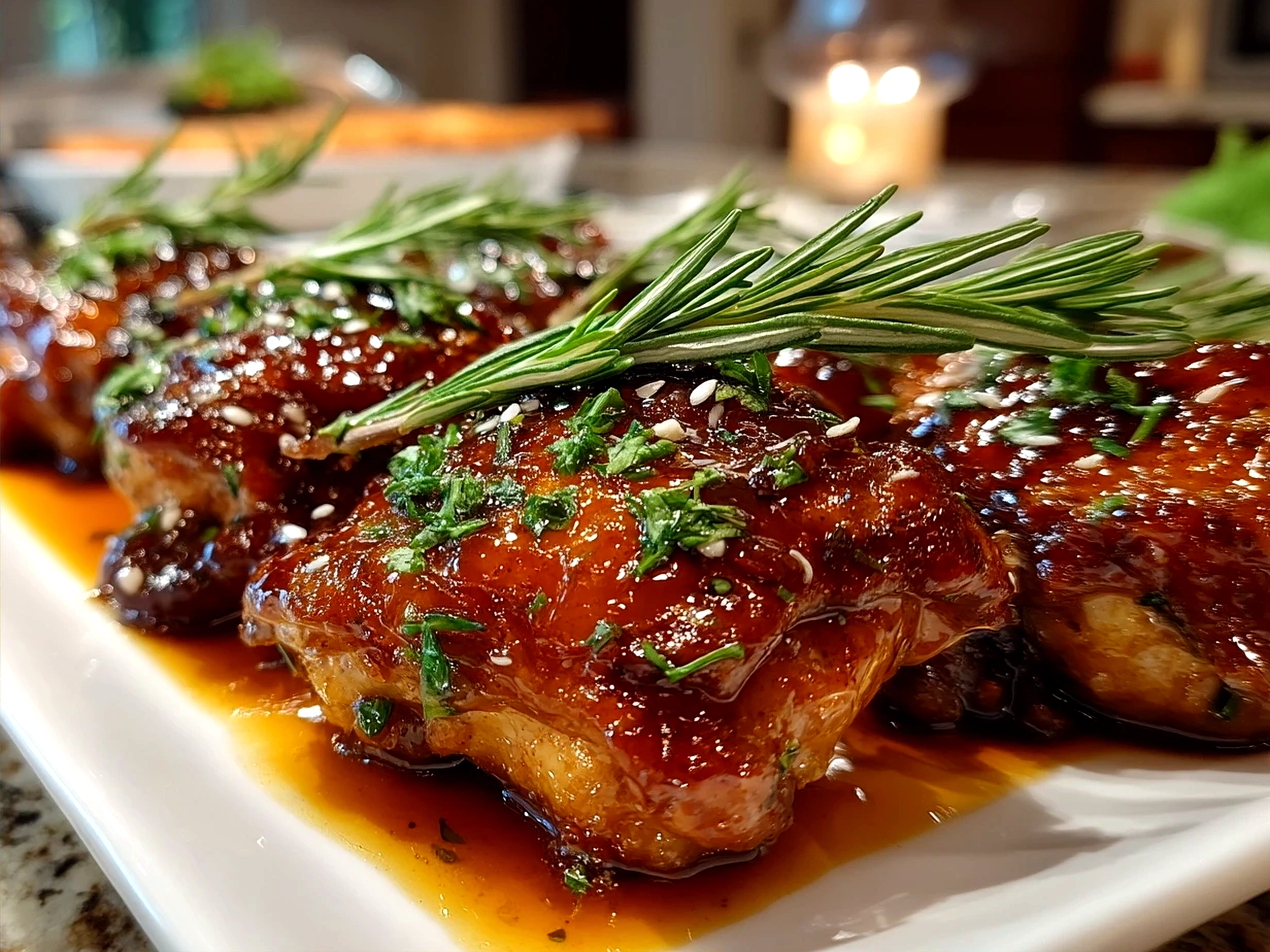Sticky Honey Garlic Chicken Thighs served with steamed rice and roasted greens