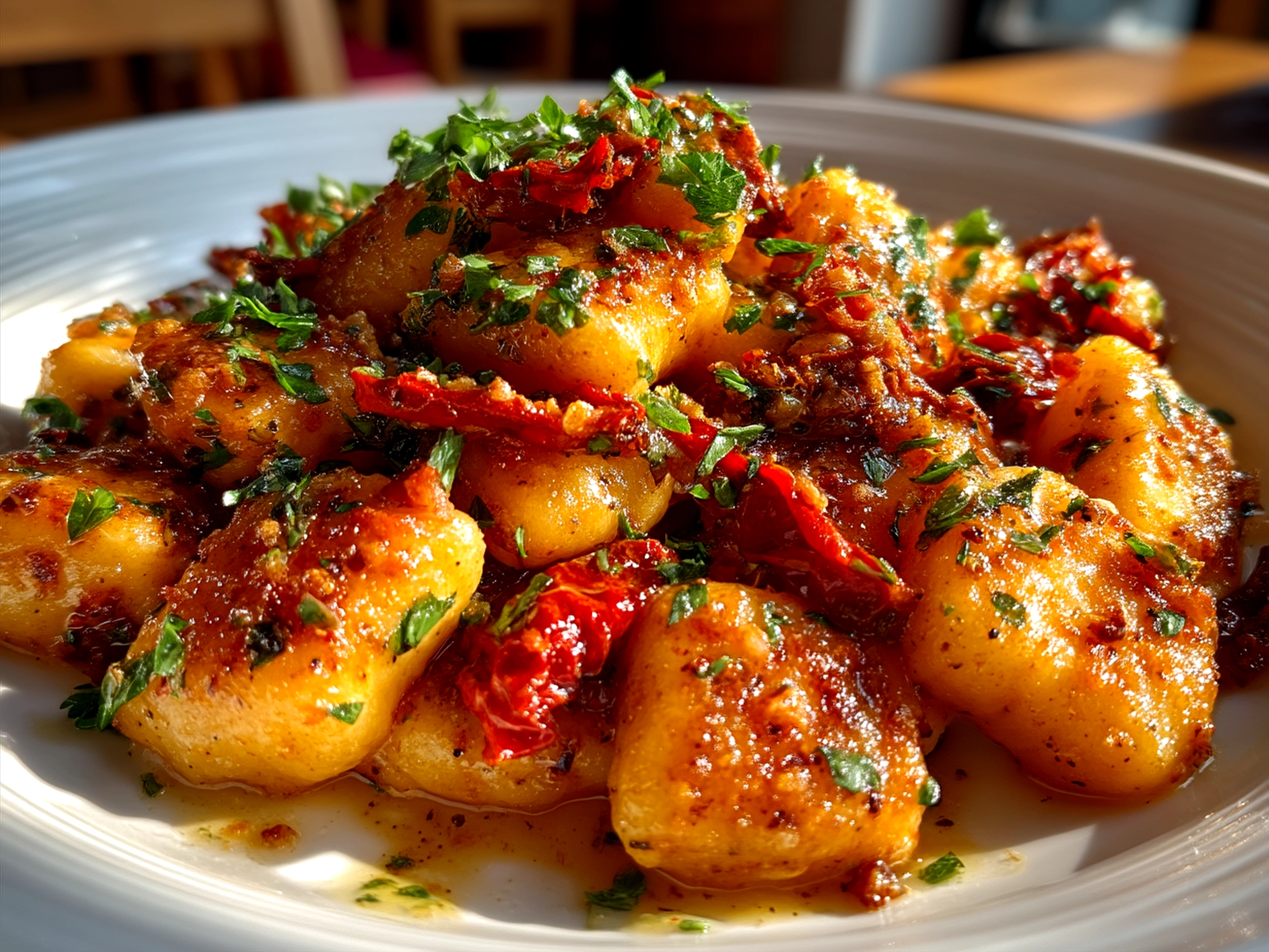 Finished plate of Sun-Dried Tomato Gnocchi garnished with fresh basil
