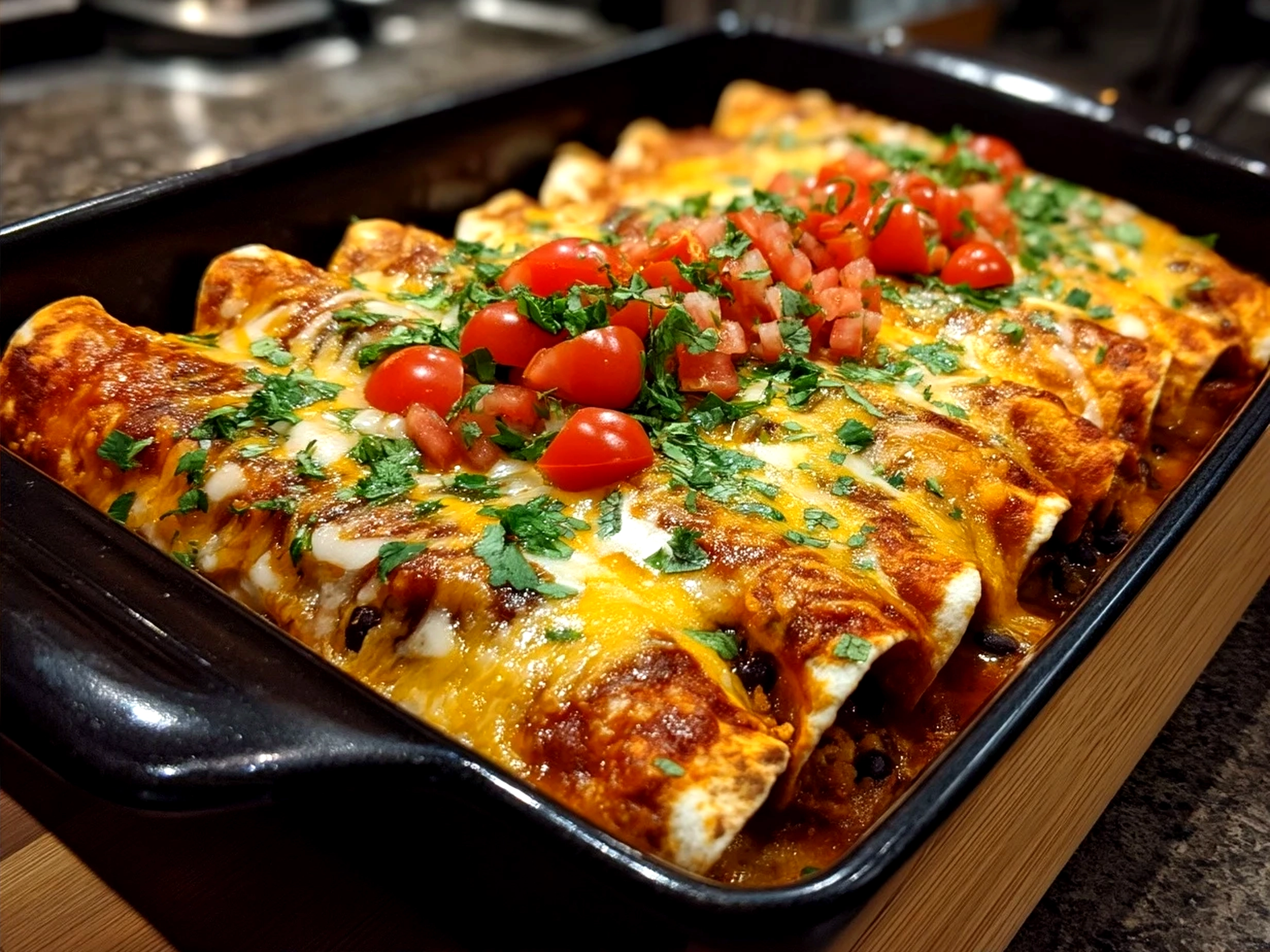 Plated Sweet Potato Black Bean Enchiladas garnished with fresh cilantro and cheese