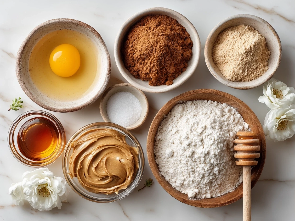 Top down view of ingredients for Peanut Butter Cookie Bites including peanut butter, brown sugar, eggs, and chocolate chips
