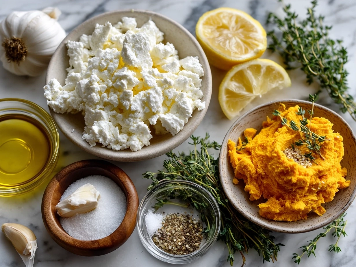 Top down ingredients for Pumpkin Whipped Feta Dip including pumpkin puree, whipped feta, olive oil and spices