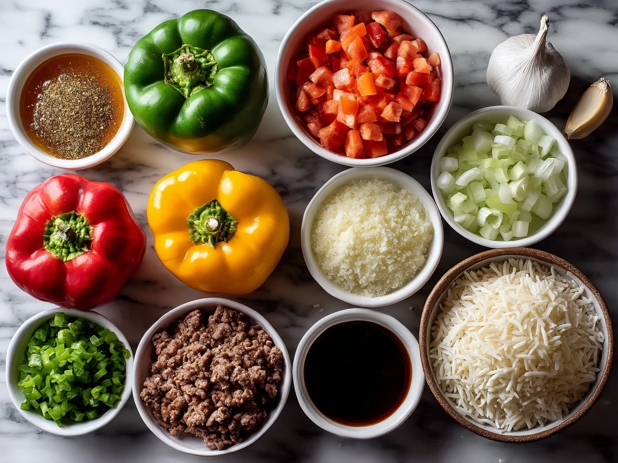 Top down view of ingredients for stuffed pepper soup arranged on white marble surface