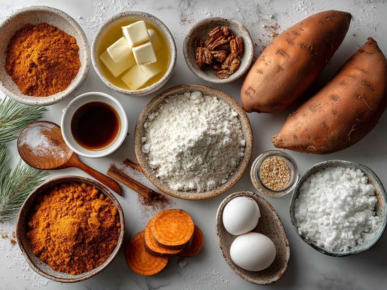 Top-down view of ingredients for sweet potato pancakes including grated sweet potato, eggs, spices, and milk
