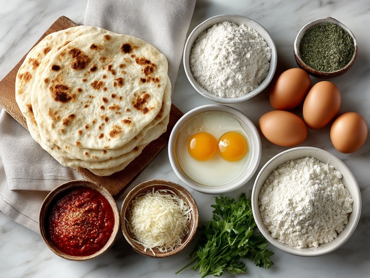 Top-down view of ingredients for Touchdown Calzones including flour, cheese, sausage, pepperoni, spinach and spices