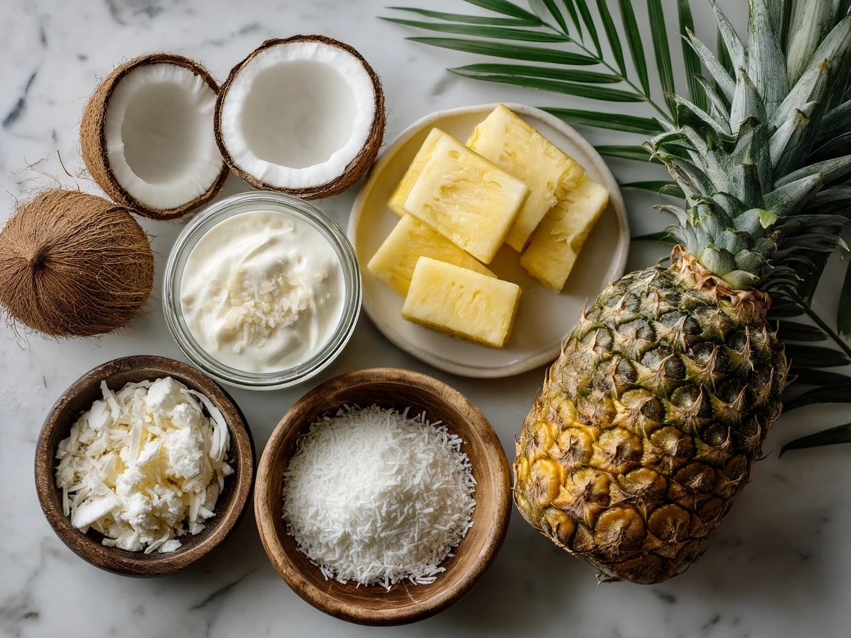 Top-down view of Pineapple Coconut Smoothie ingredients including pineapple, coconut milk, banana, vanilla, and lime