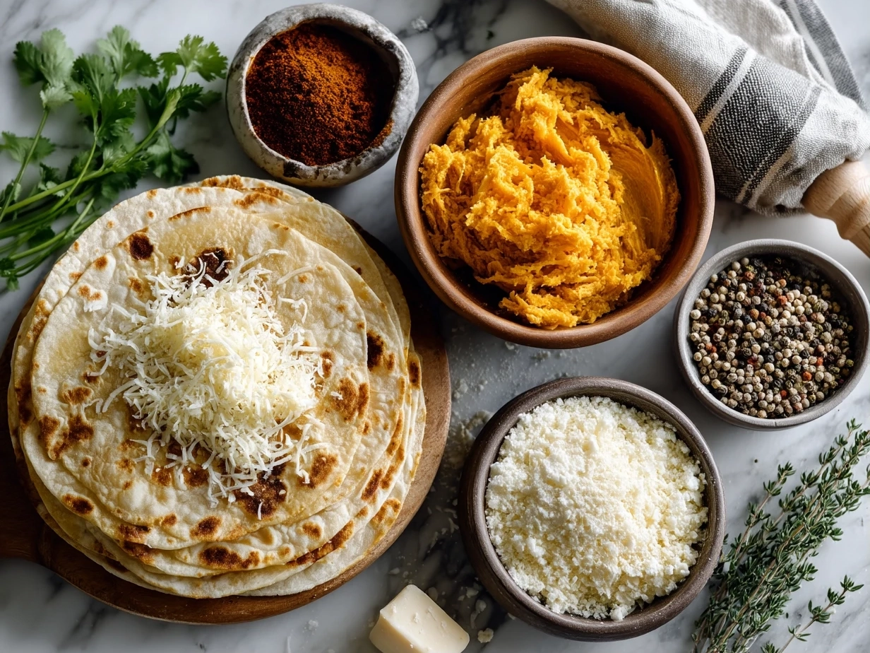 Top-down view of all the ingredients for pumpkin quesadillas laid out on a table
