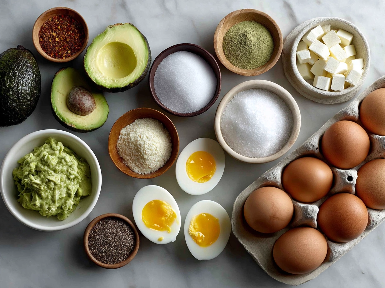 Top-down view of raw ingredients for avocado deviled eggs including eggs, avocado, lime, and spices