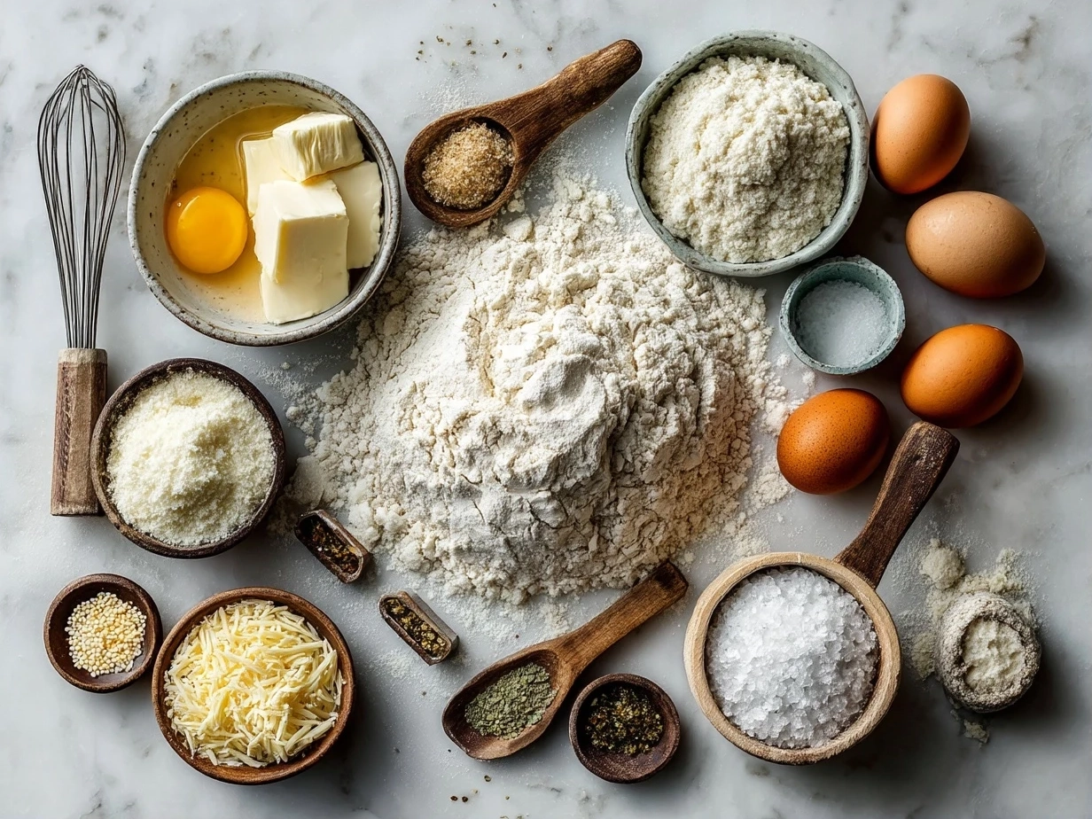 Top down view of raw ingredients for Cheddar Jalapeño Cornbread Muffins including cornmeal, flour, eggs, jalapeños, and cheddar cheese