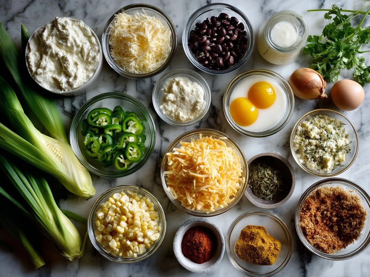 Top down view of raw ingredients for cheesy crowd-pleaser corn dip including corn, cream cheese, cheddar cheese, jalapeños, and spices